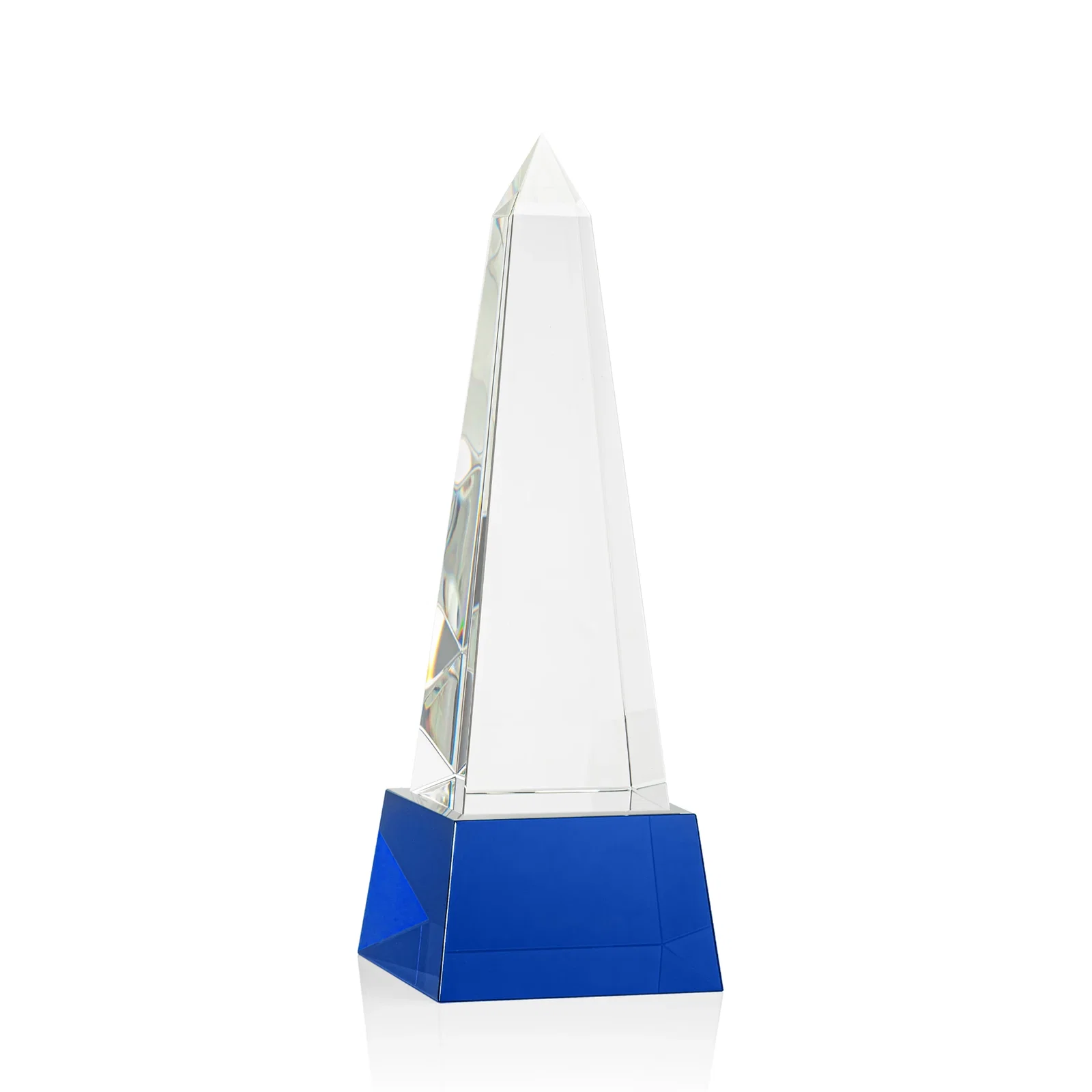 Branded Optical Crystal Obelisk Award with Faceted Peak on Tapered Base for retirement presentations