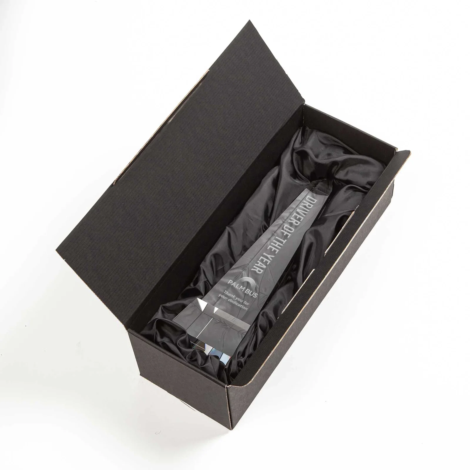 Custom Optical Crystal Obelisk Award with Faceted Peak on Tapered Base for retirement presentations
