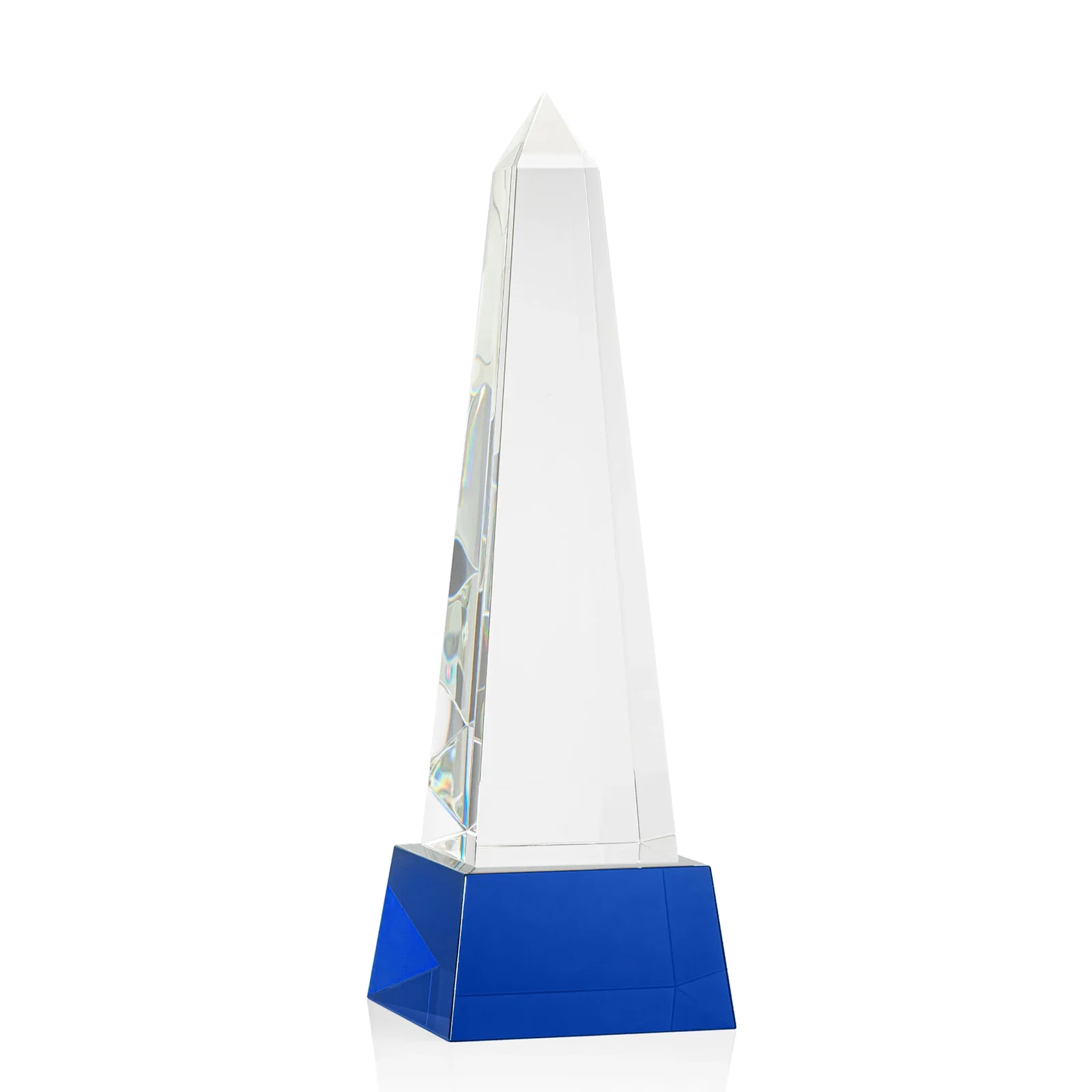 Branded Optical Crystal Obelisk Award with Faceted Peak on Tapered Base for team milestone celebrations