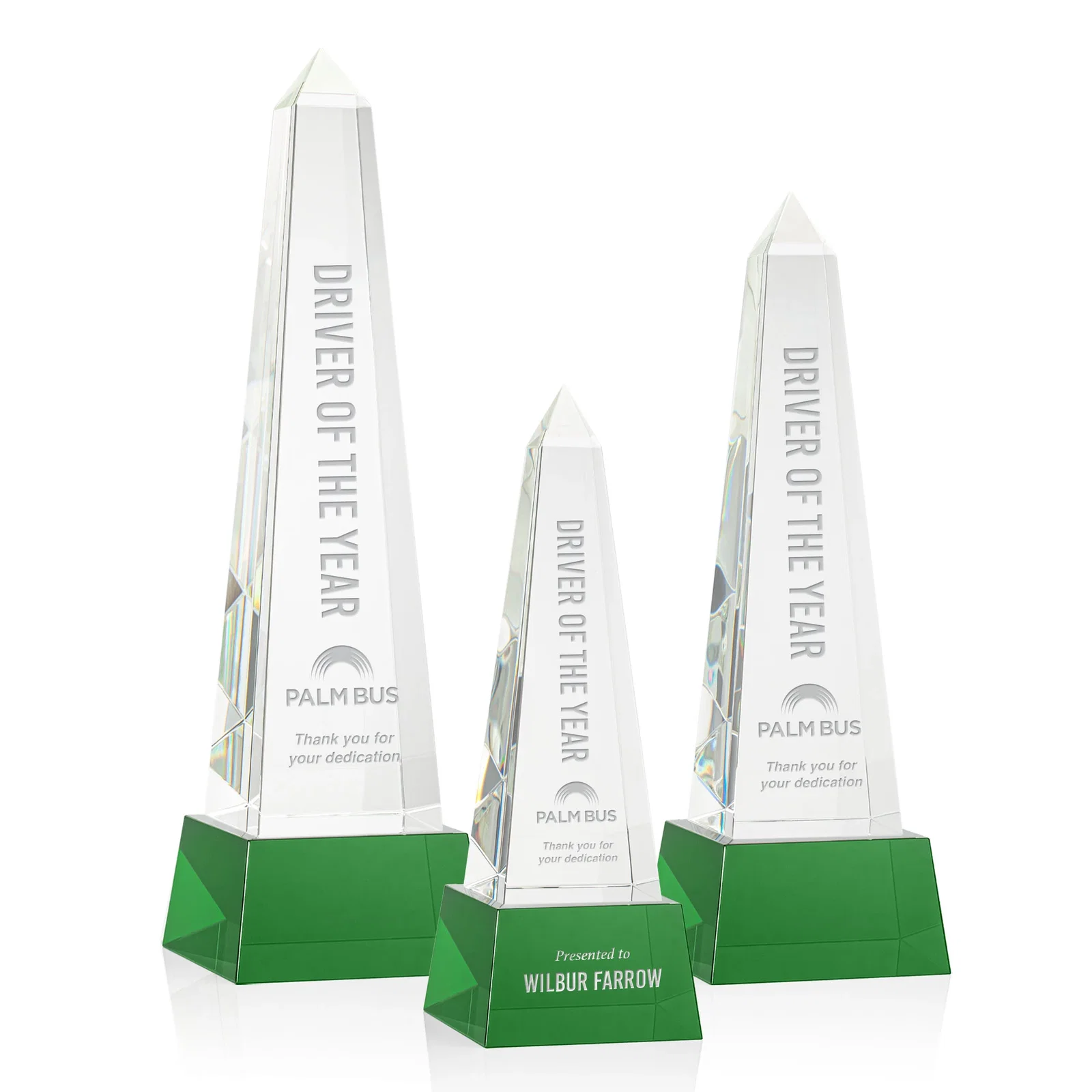 Custom Optical Crystal Obelisk Award with Faceted Peak on Tapered Base for team milestone celebrations