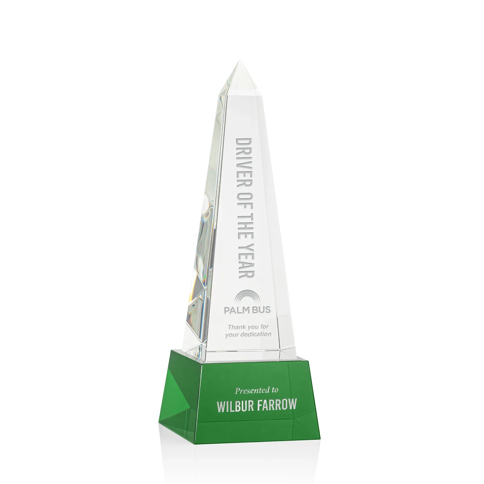 Custom Optical Crystal Obelisk Award with Faceted Peak on Tapered Base for donor appreciation