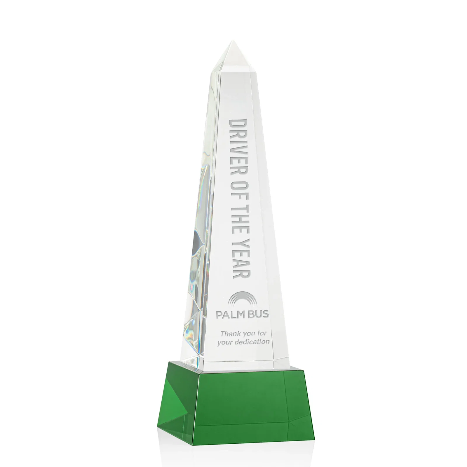 Custom Optical Crystal Obelisk Award with Faceted Peak on Tapered Base for graduation ceremonies