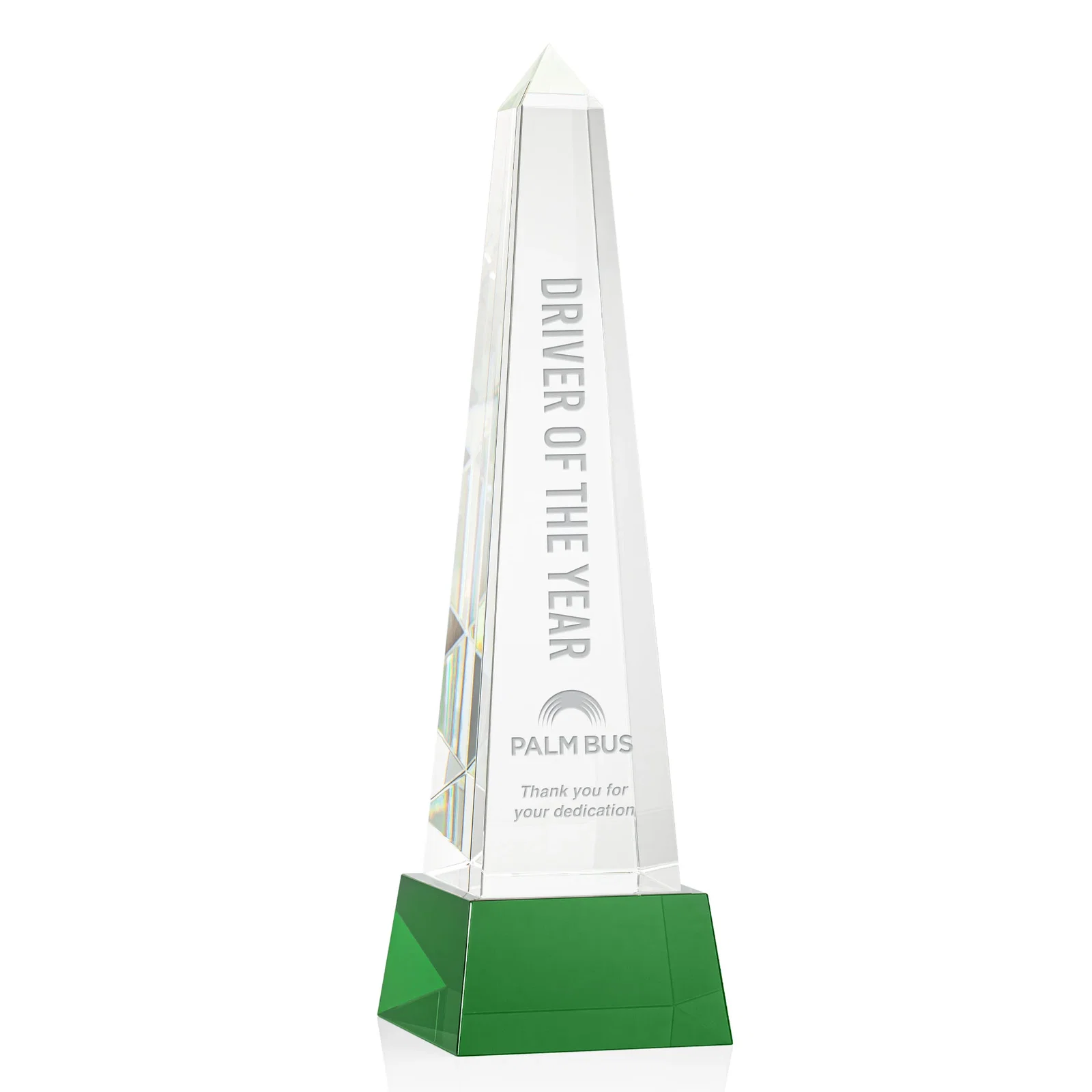 Custom Optical Crystal Obelisk Award with Faceted Peak on Tapered Base for safety achievement programs