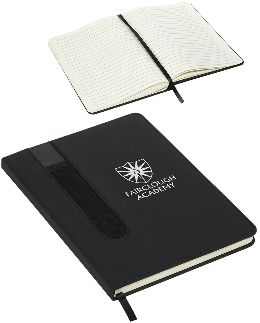 Promotional soft-cover journal showing side pen pocket