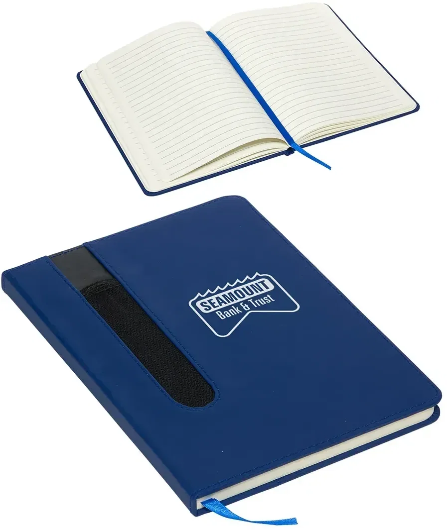 Branded matte journal open showing lined pages