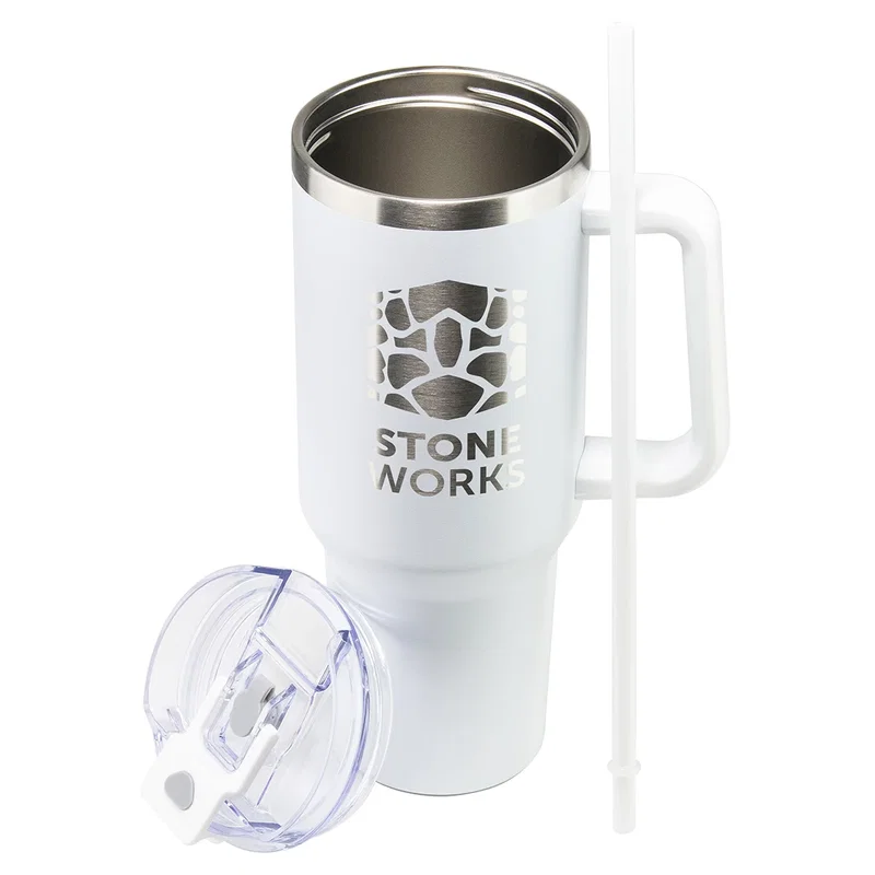 Maverick Mug held in hand, promotional stainless steel mug lifestyle shot