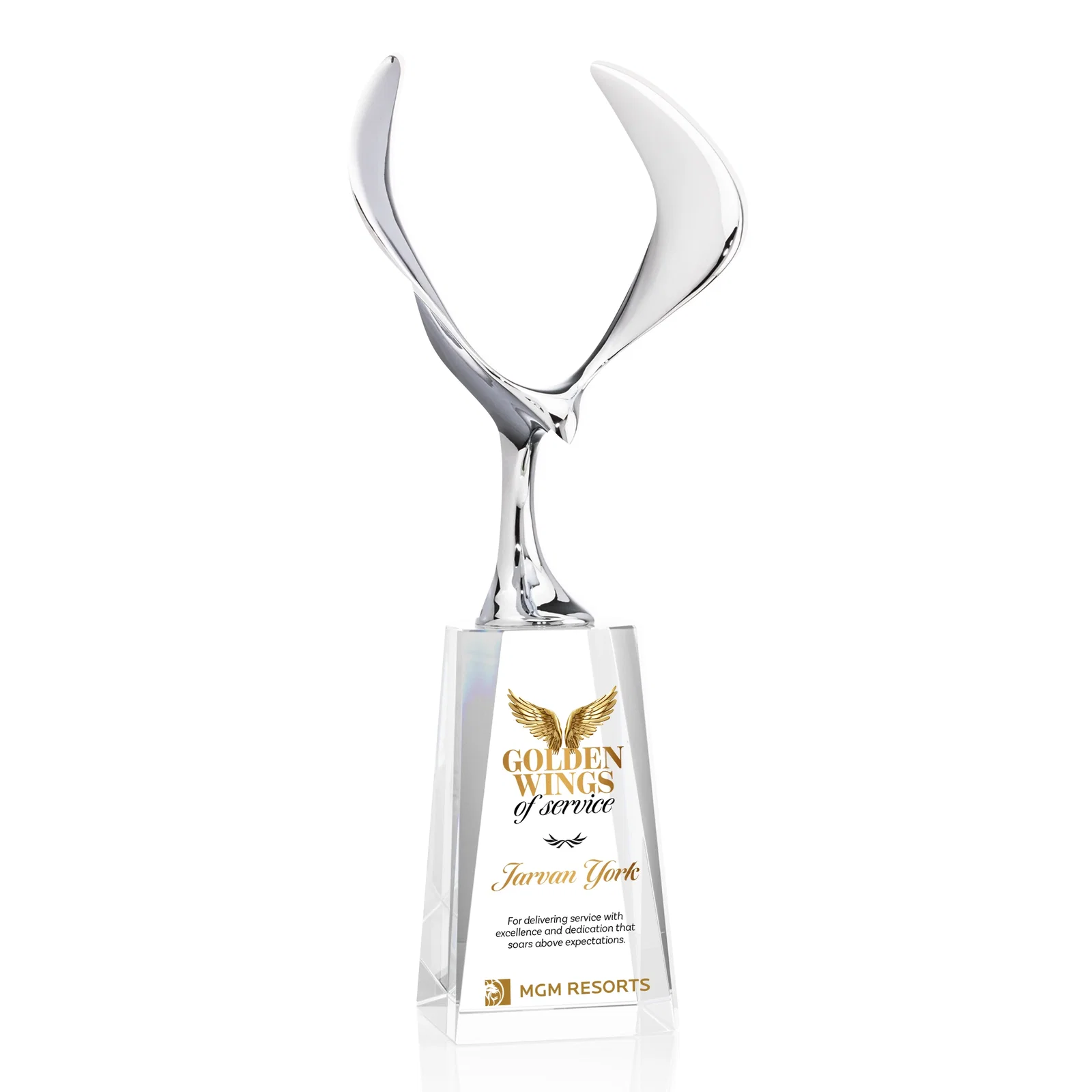 Custom Chrome Eagle Award on an Optical Crystal Base for service anniversary gifts