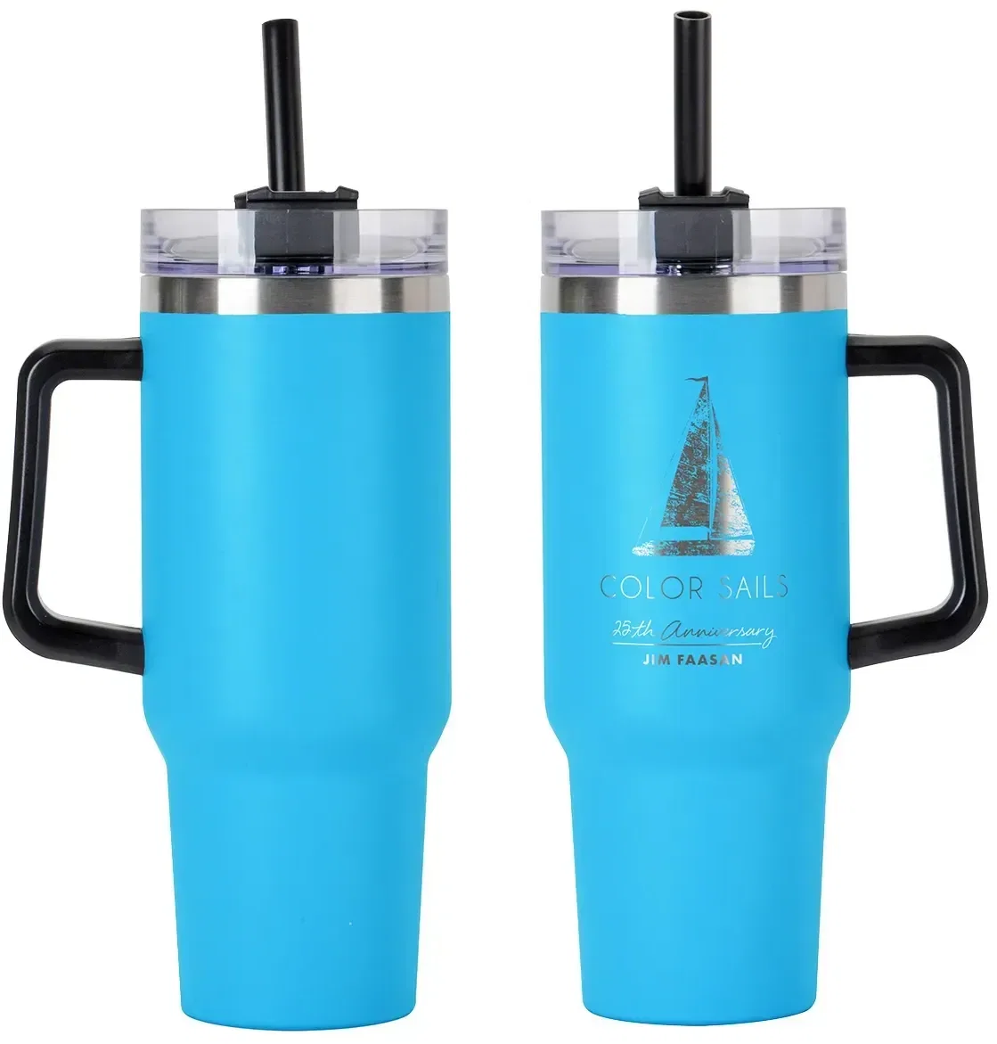 Maxim 40 oz custom travel mug on a desk, branded stainless steel insulated tumbler