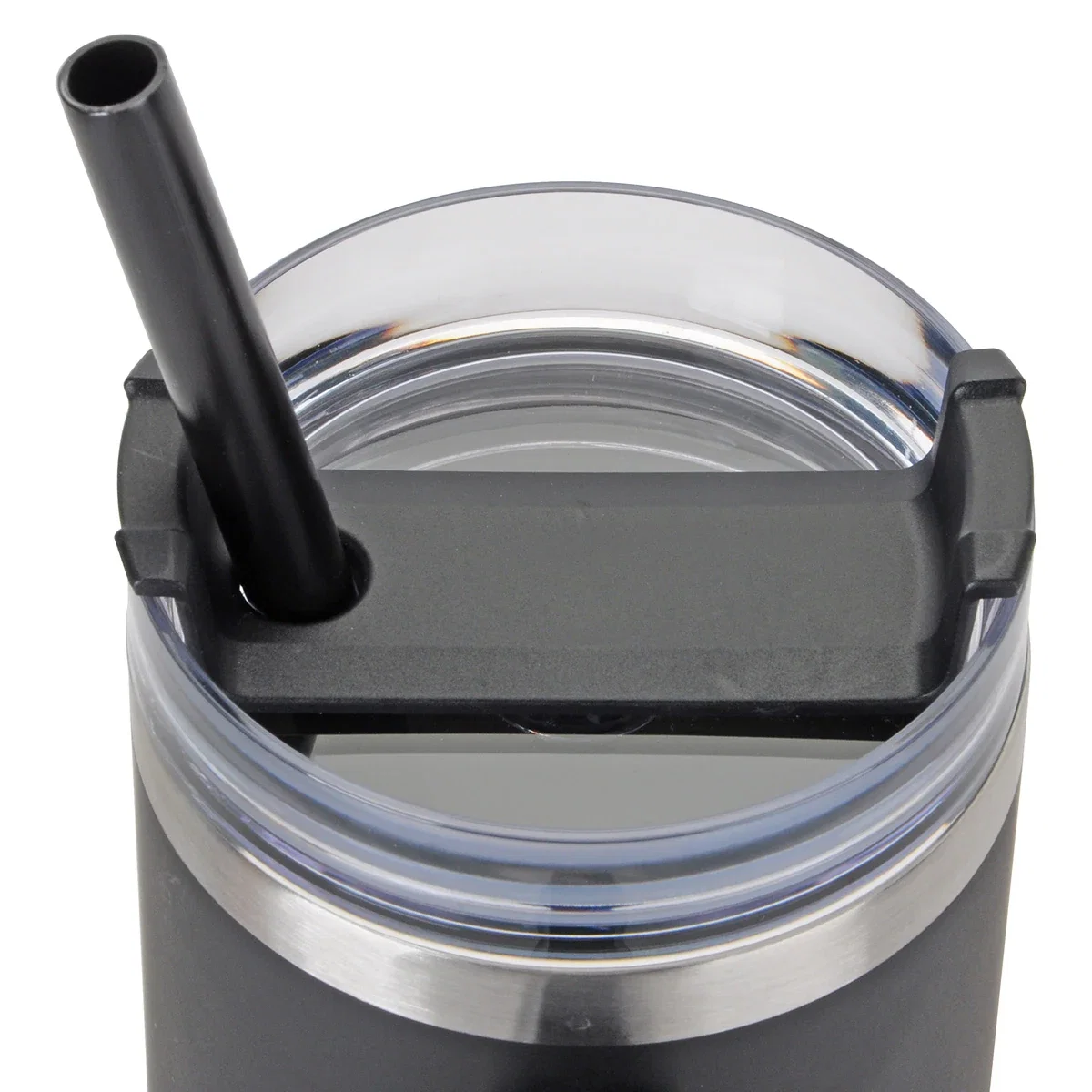 Maxim 40 oz branded travel mug drink-through lid detail, custom insulated stainless tumbler