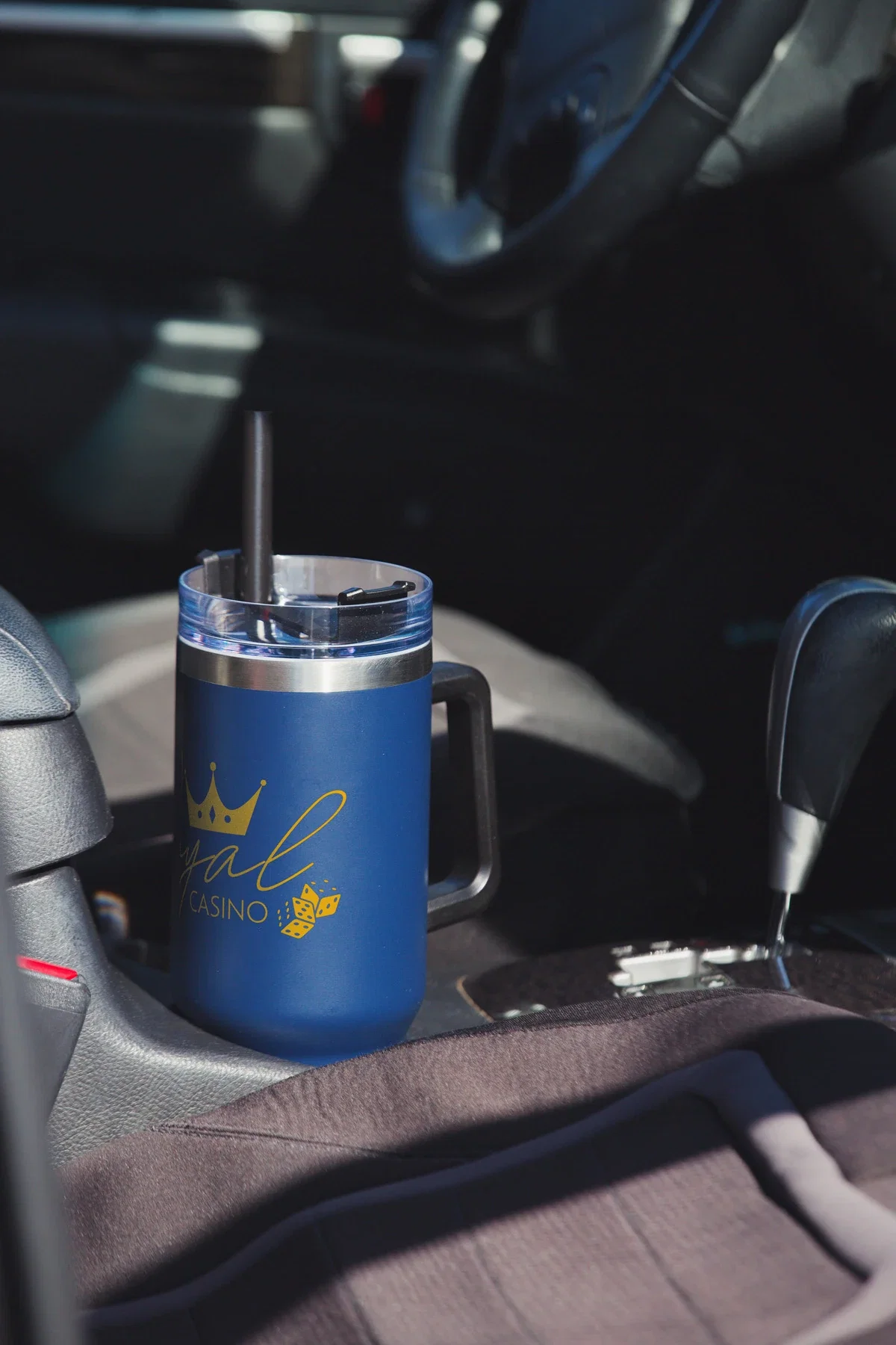 Maxim 40 oz custom insulated tumbler shown to scale, promotional branded travel mug