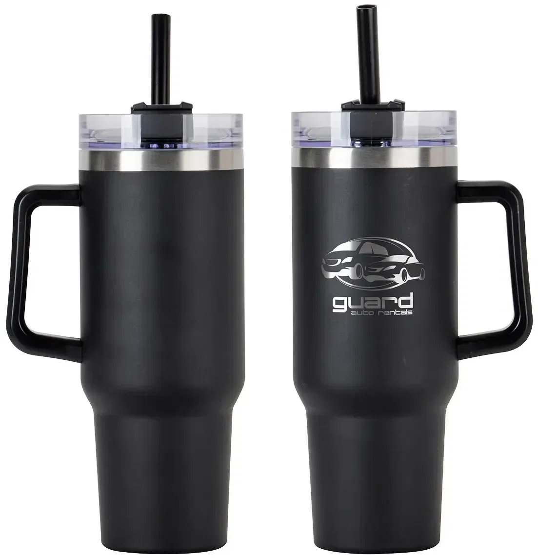 Maxim 40 oz branded travel mug side profile with handle, custom insulated stainless steel tumbler