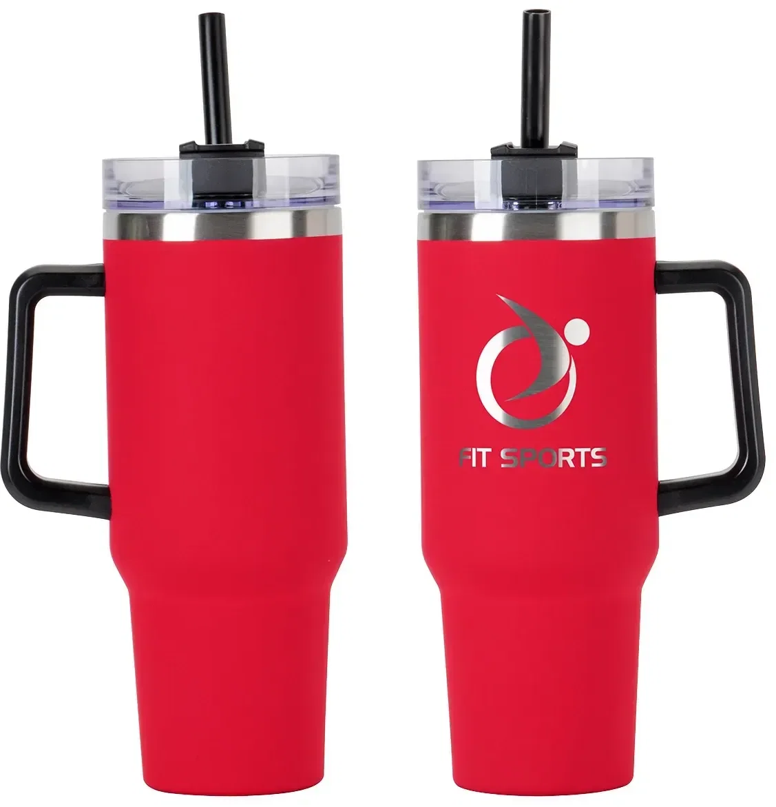 Maxim 40 oz branded travel mug handle detail, custom vacuum insulated stainless steel tumbler