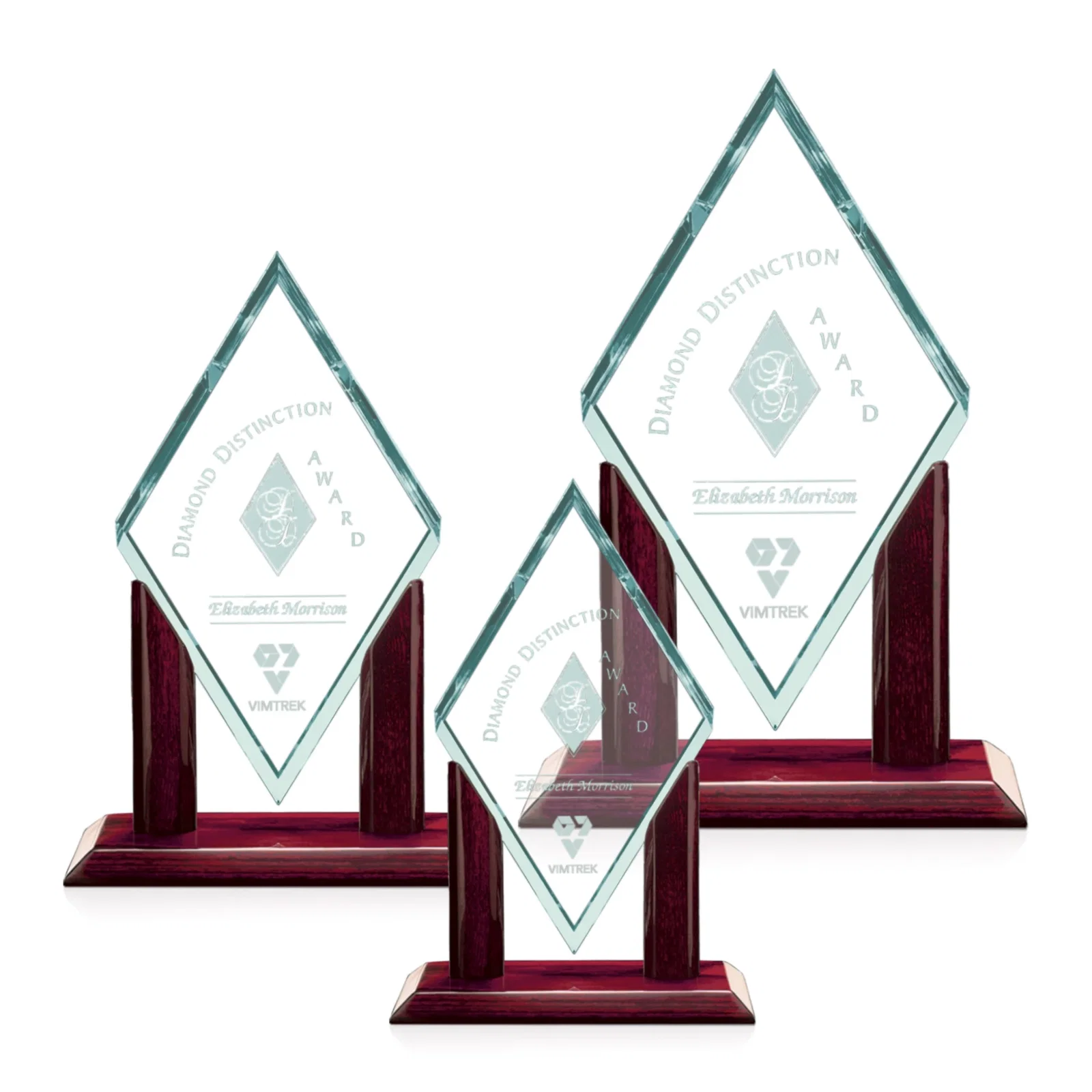 Custom Jade Glass Diamond Award on a Rosewood Base, Opaque Green Face for employee recognition