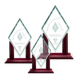 Jade Glass Diamond Award on a Rosewood Base, Opaque Green Face