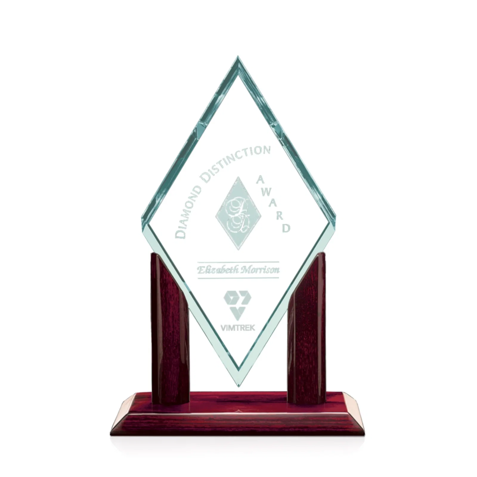 Custom Jade Glass Diamond Award on a Rosewood Base, Opaque Green Face for corporate award ceremonies