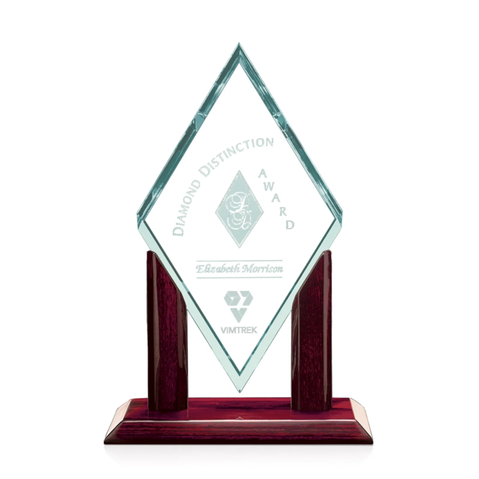 Custom Jade Glass Diamond Award on a Rosewood Base, Opaque Green Face for service anniversary gifts