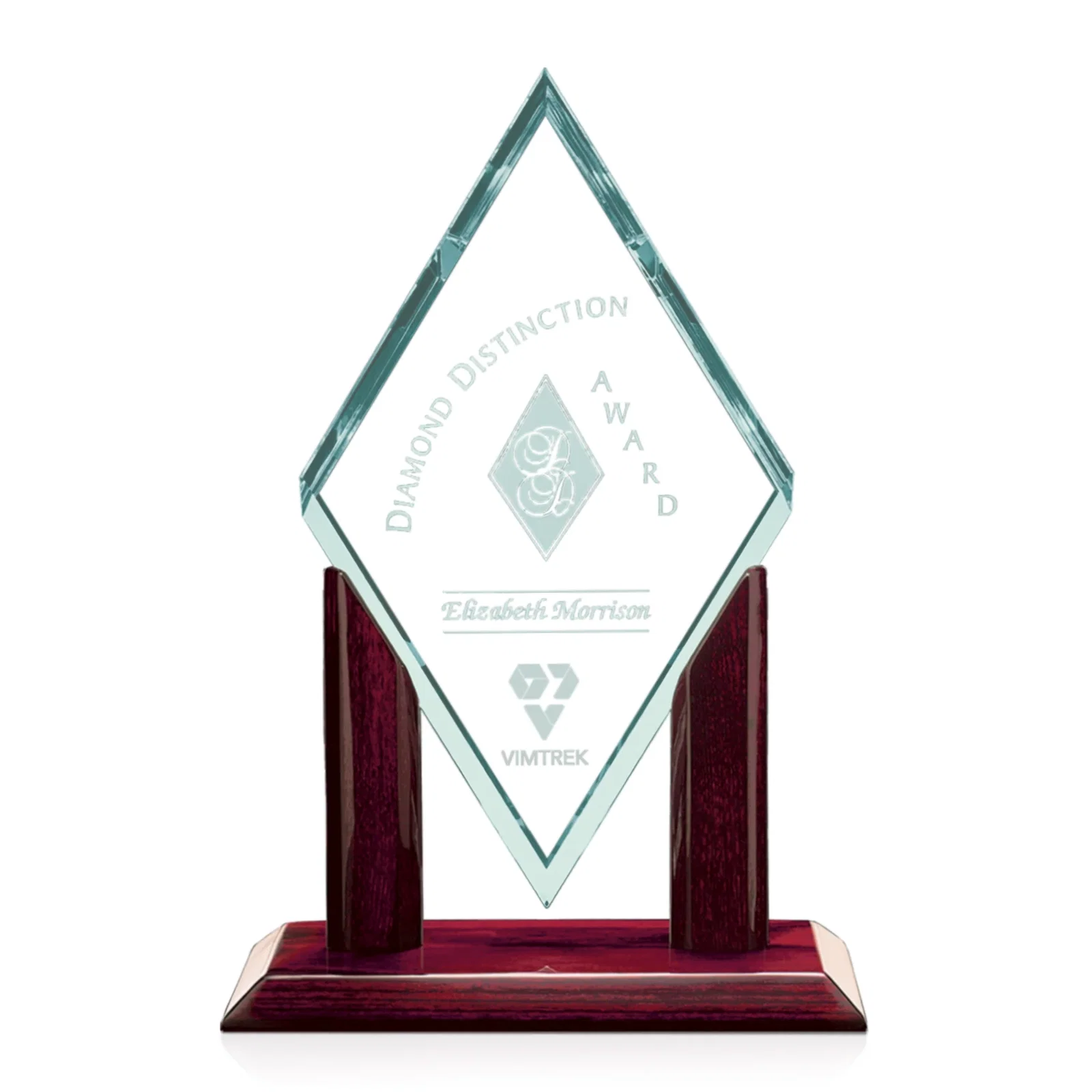 Custom Jade Glass Diamond Award on a Rosewood Base, Opaque Green Face for sales achievement awards