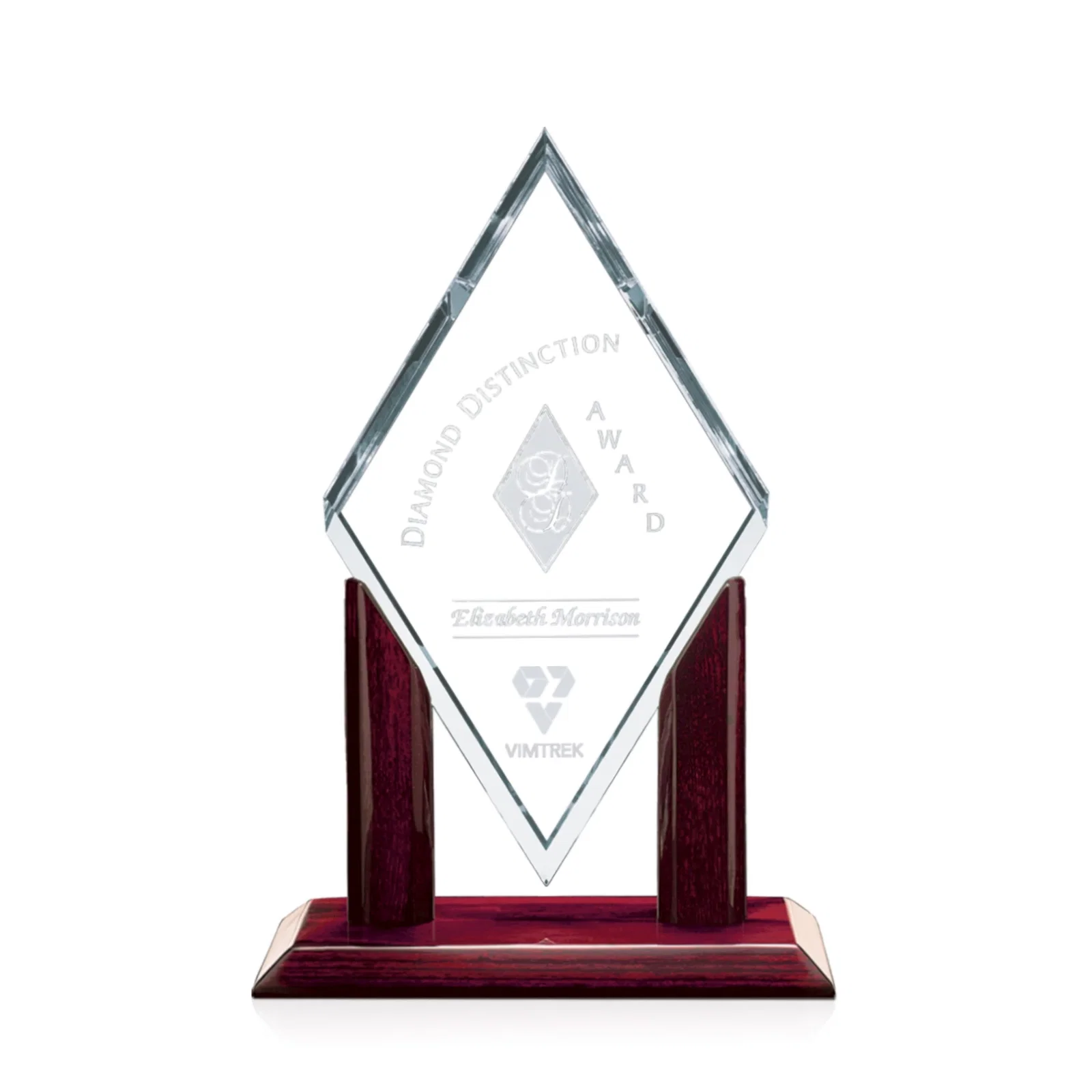 Custom Starfire Crystal Diamond Award on Rosewood Piano-Finish Base for corporate award ceremonies