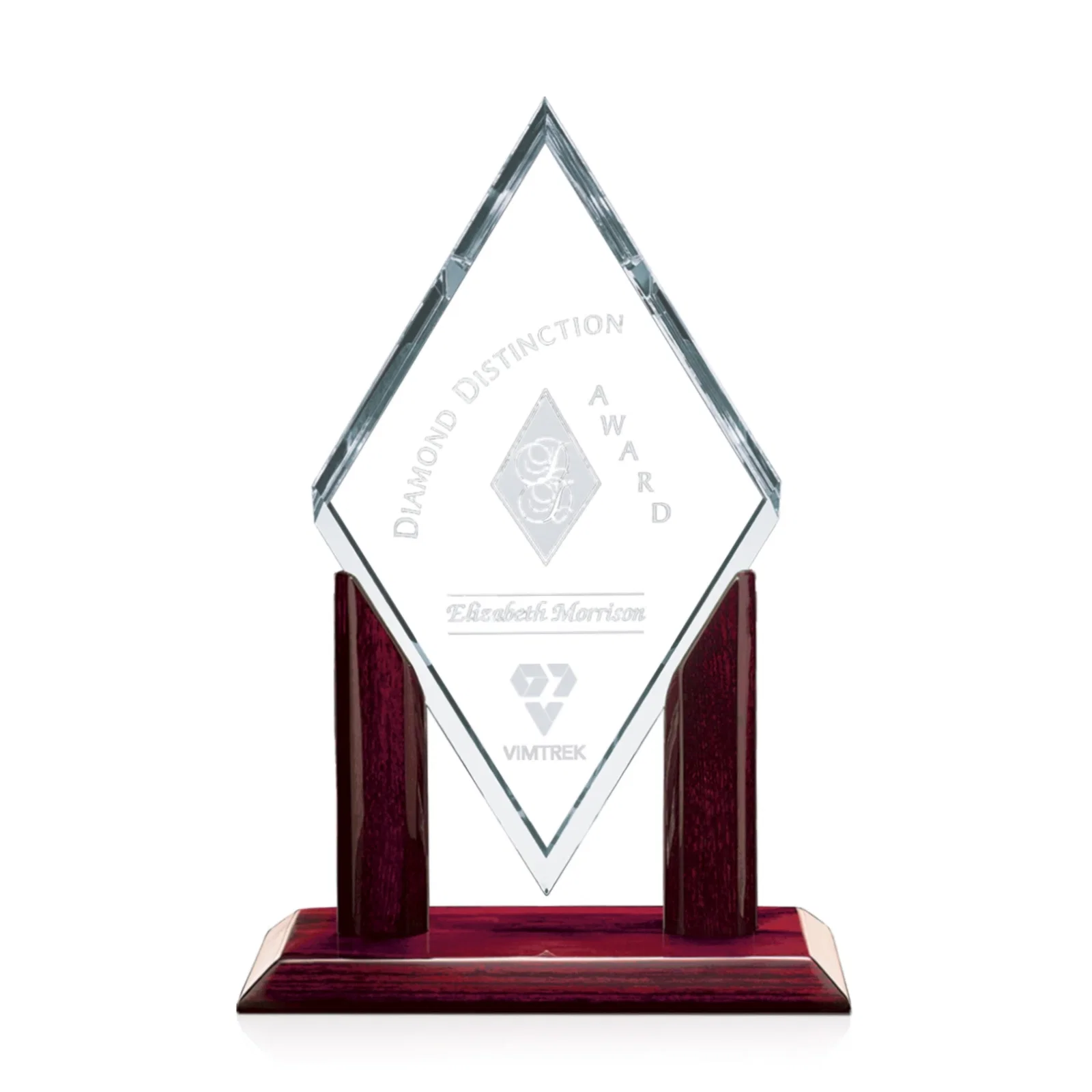 Custom Starfire Crystal Diamond Award on Rosewood Piano-Finish Base for service anniversary gifts