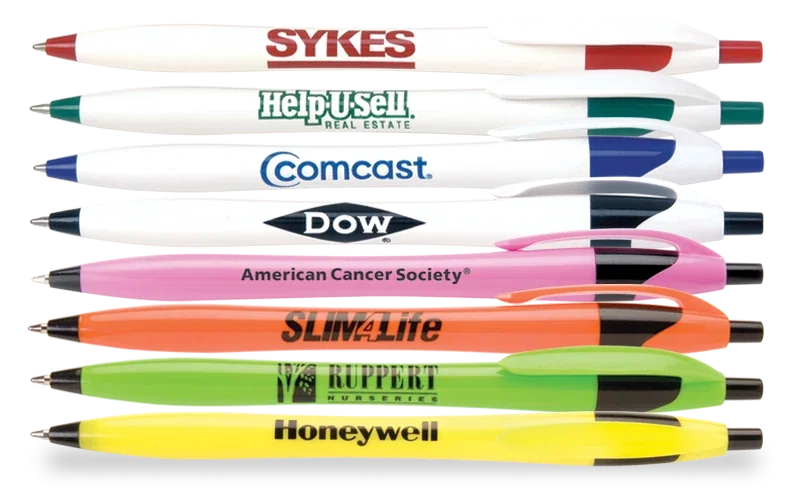Mayflower Fit-Your-Hand Pen. Contoured plastic ballpoint pen with one-color imprint for trade show giveaways