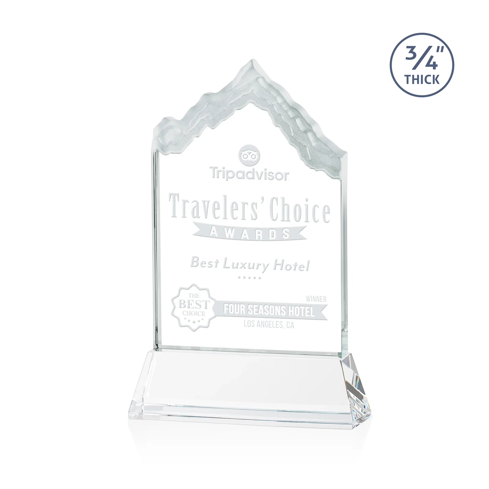 Custom Starfire Crystal Mountain Peak Award on an Optical Crystal Base, awards for corporate award ceremonies