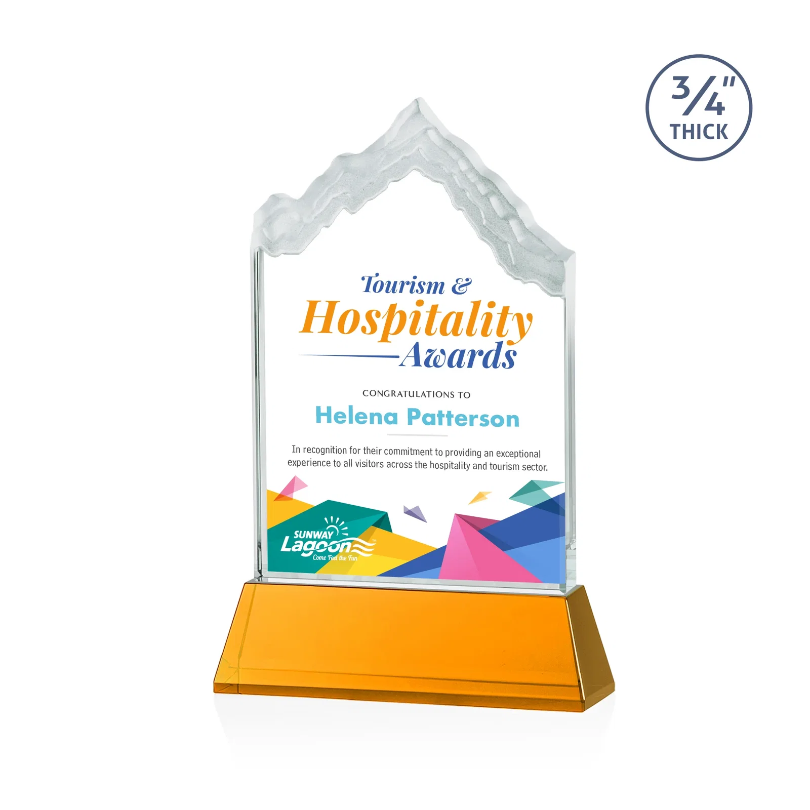 Branded Starfire Crystal Mountain Peak Award on an Optical Crystal Base, awards for corporate award ceremonies