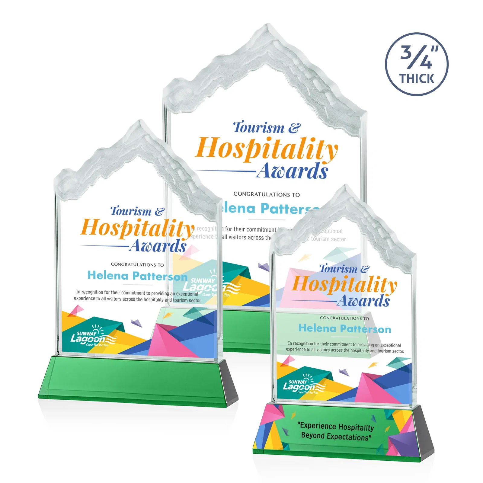 Branded Starfire Crystal Mountain Peak Award on an Optical Crystal Base, awards for retirement presentations