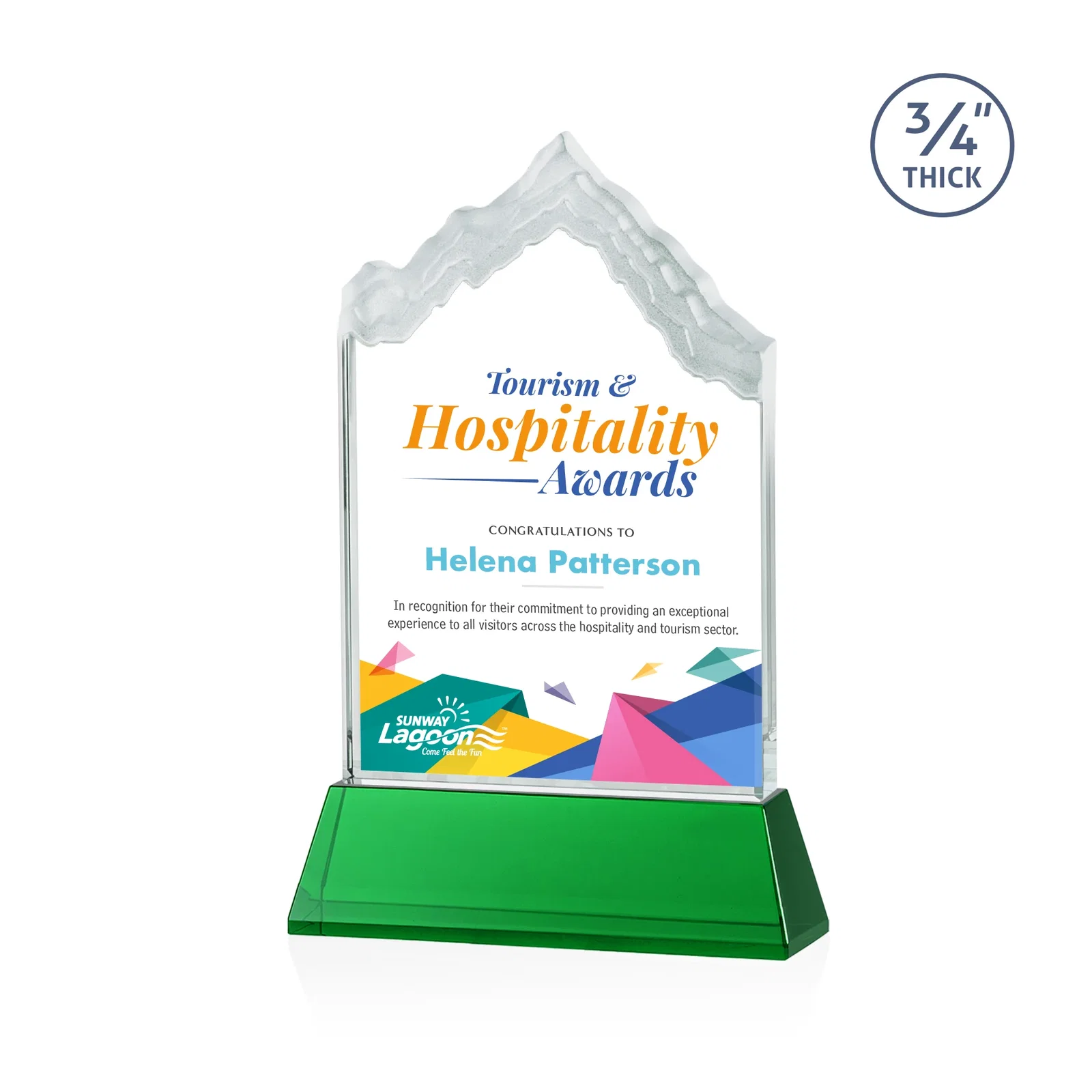 Branded Starfire Crystal Mountain Peak Award on an Optical Crystal Base, awards for team milestone celebrations