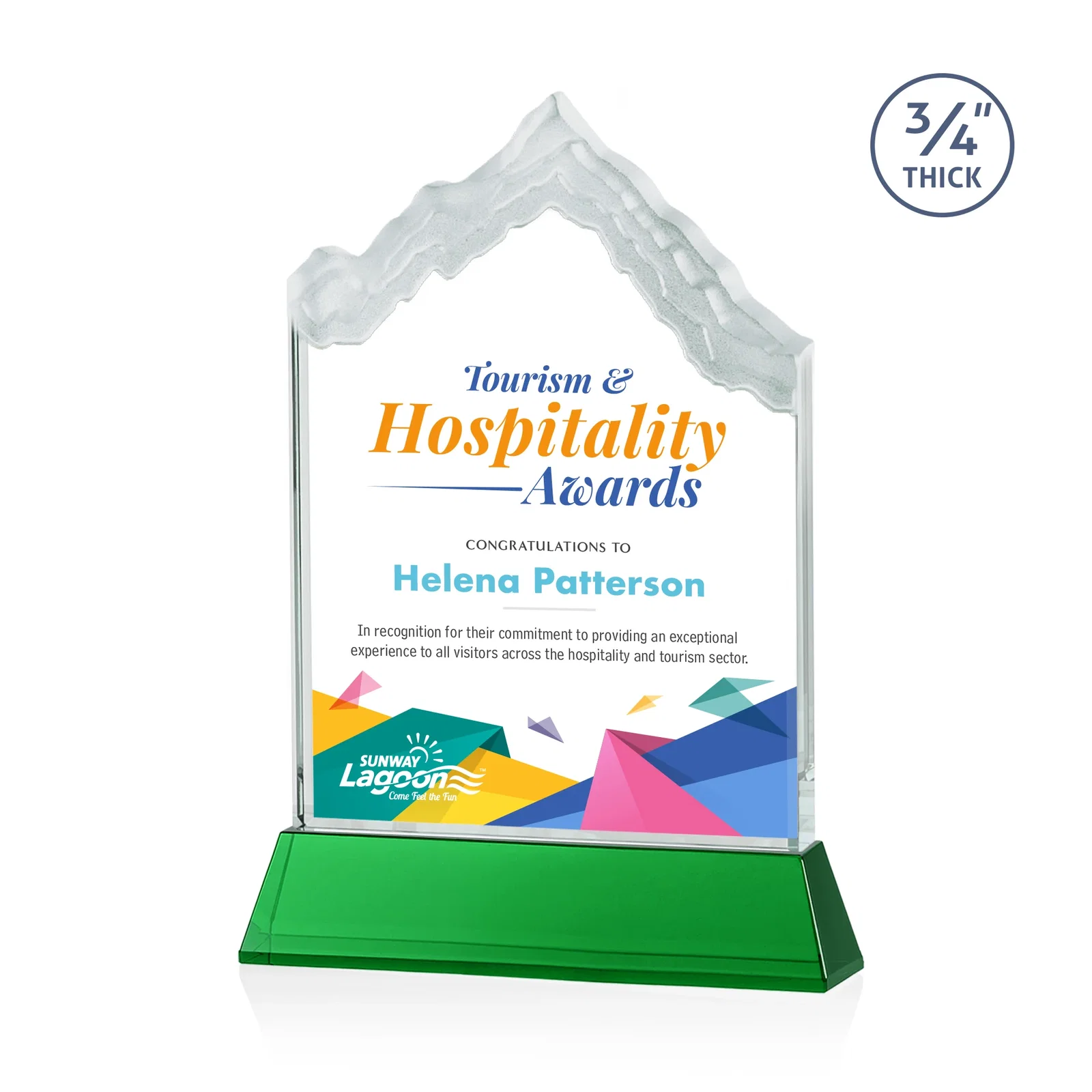 Branded Starfire Crystal Mountain Peak Award on an Optical Crystal Base, awards for donor appreciation