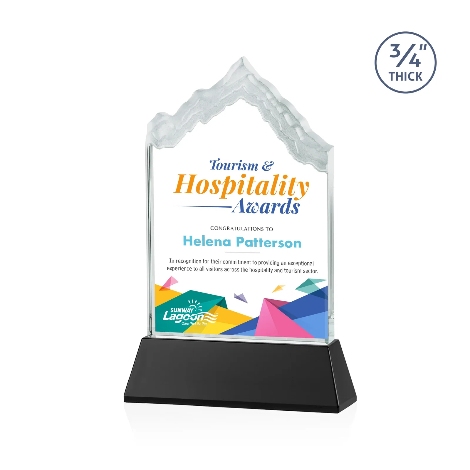 Branded Starfire Crystal Mountain Peak Award on an Optical Crystal Base, awards for volunteer appreciation