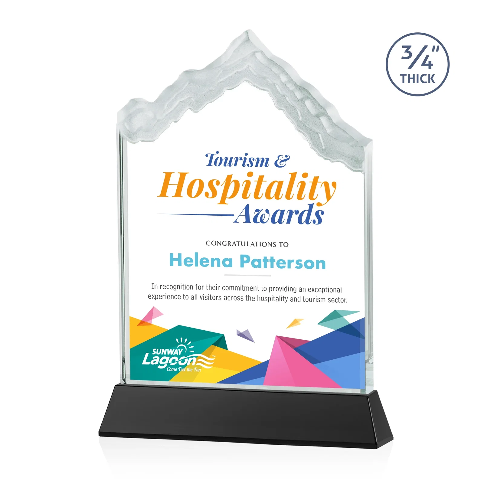 Branded Starfire Crystal Mountain Peak Award on an Optical Crystal Base, awards for company anniversary events