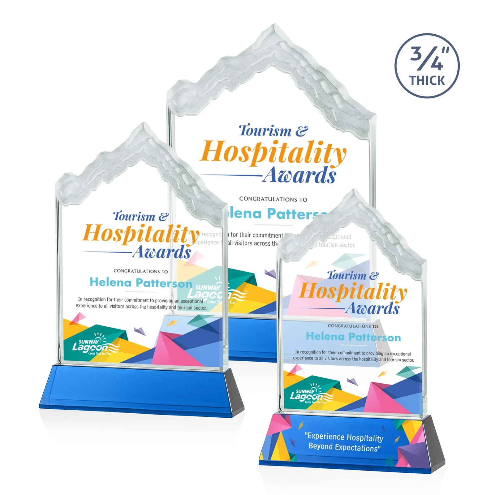 Custom printed Starfire Crystal Mountain Peak Award on an Optical Crystal Base, awards for employee recognition