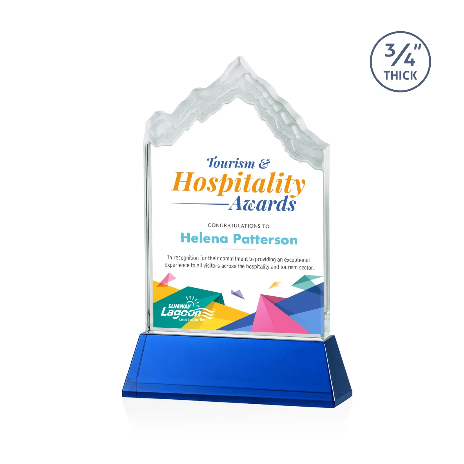 Custom printed Starfire Crystal Mountain Peak Award on an Optical Crystal Base, awards for corporate award ceremonies