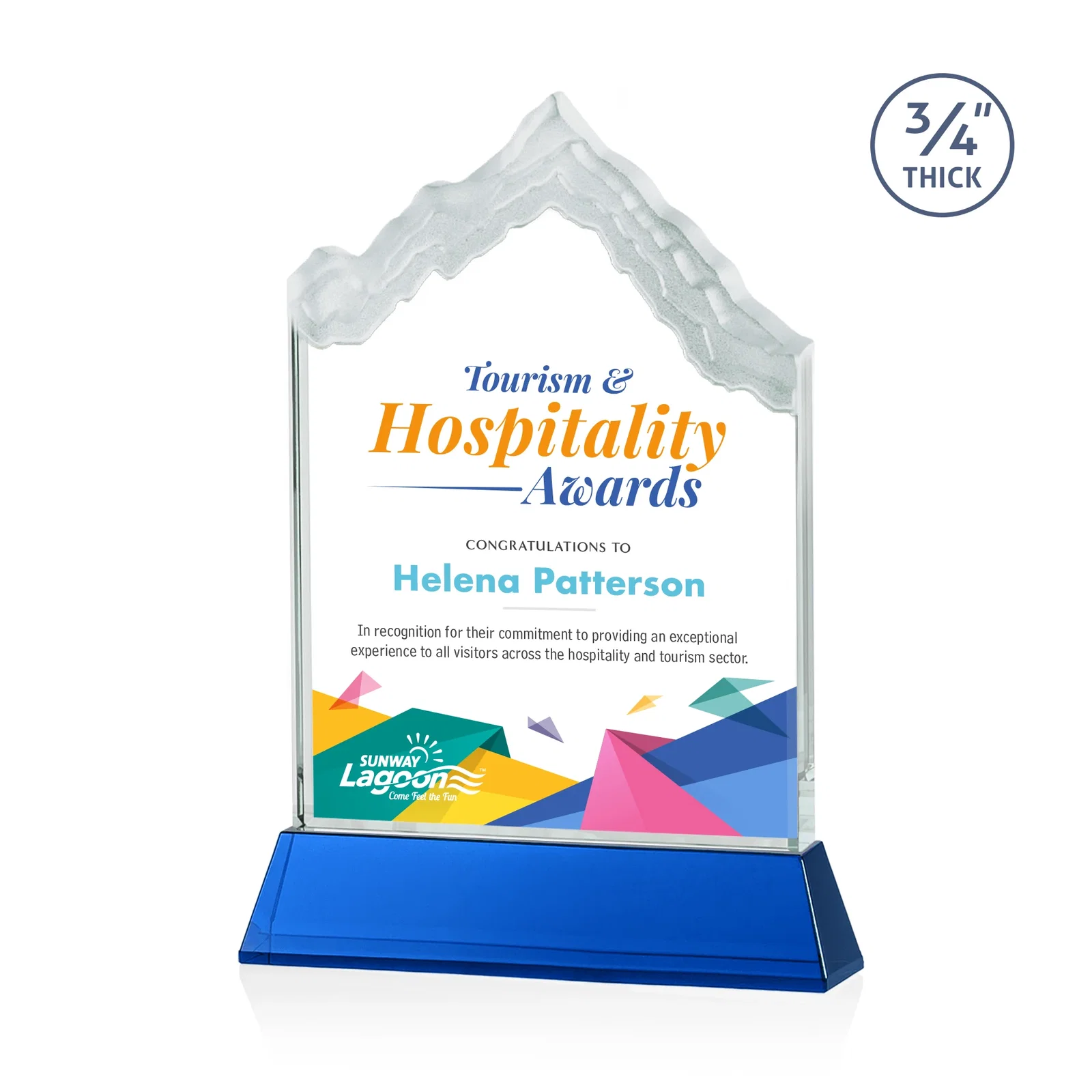 Custom printed Starfire Crystal Mountain Peak Award on an Optical Crystal Base, awards for service anniversary gifts