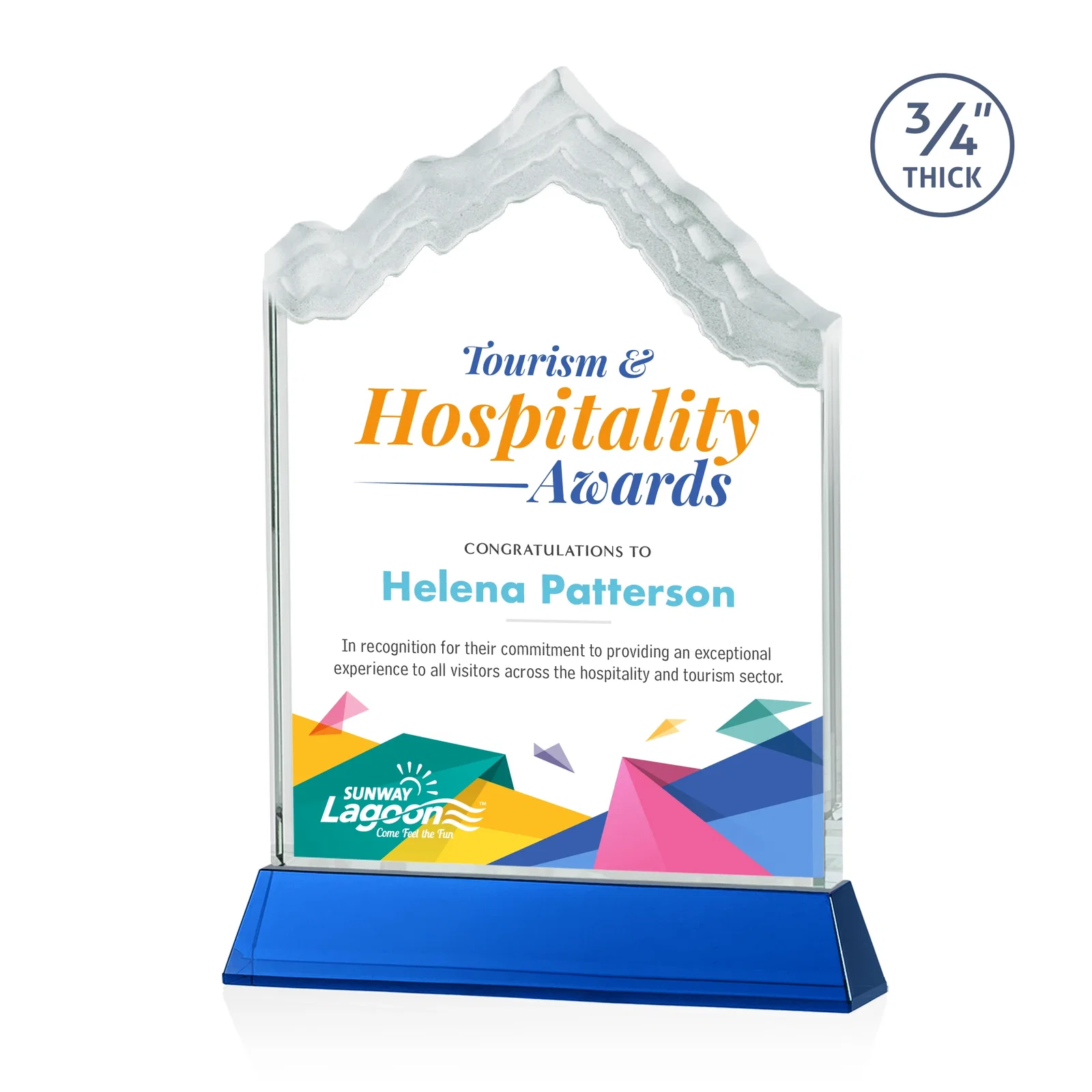 Custom printed Starfire Crystal Mountain Peak Award on an Optical Crystal Base, awards for sales achievement awards