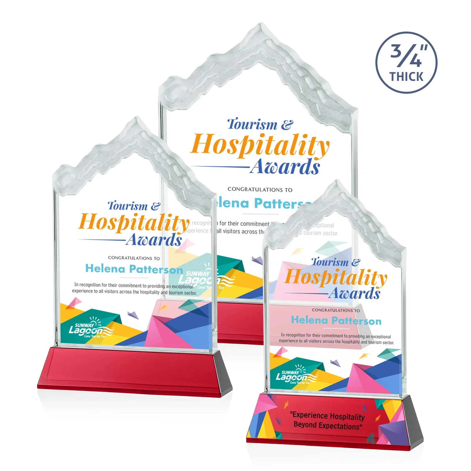 Custom printed Starfire Crystal Mountain Peak Award on an Optical Crystal Base, awards for retirement presentations