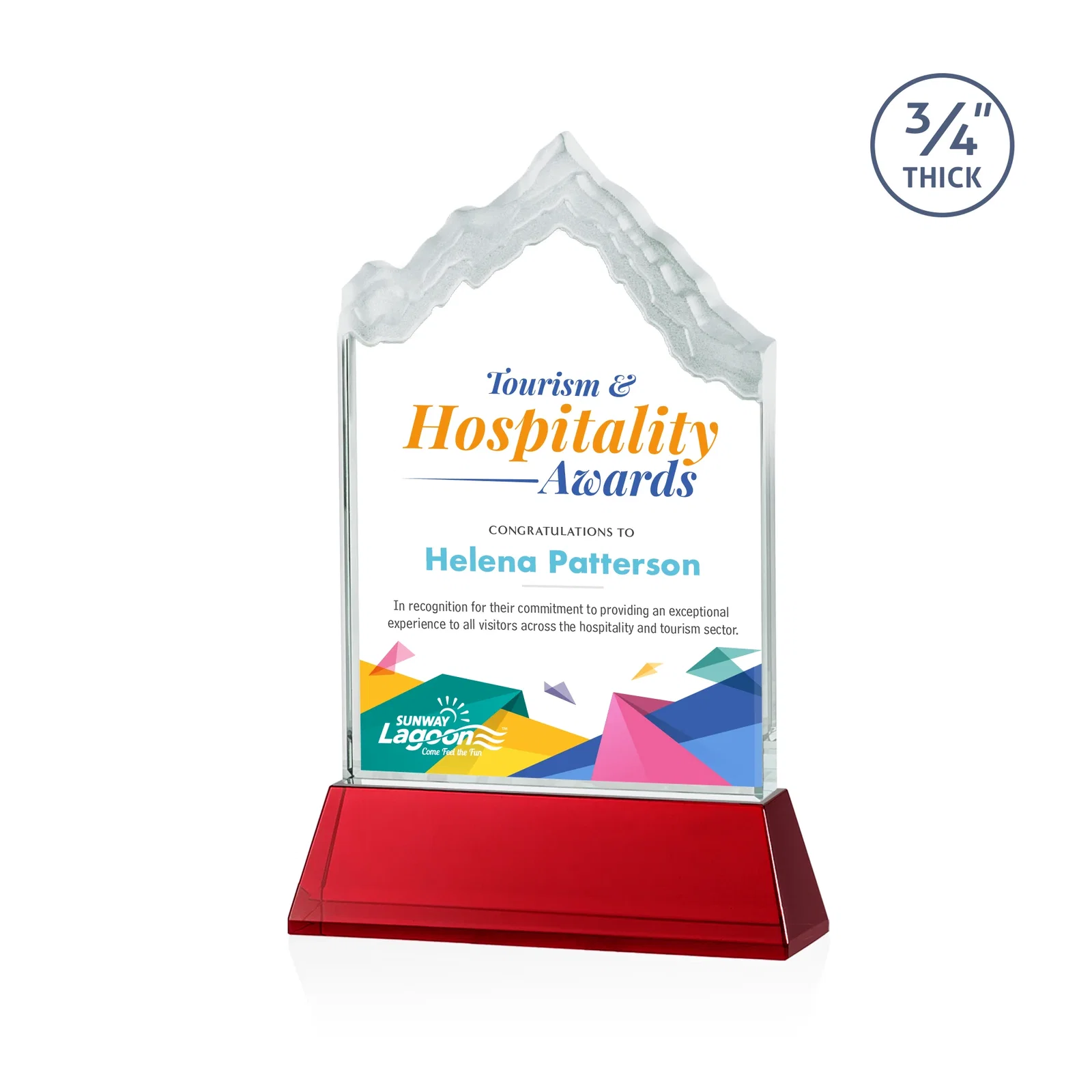 Custom printed Starfire Crystal Mountain Peak Award on an Optical Crystal Base, awards for team milestone celebrations