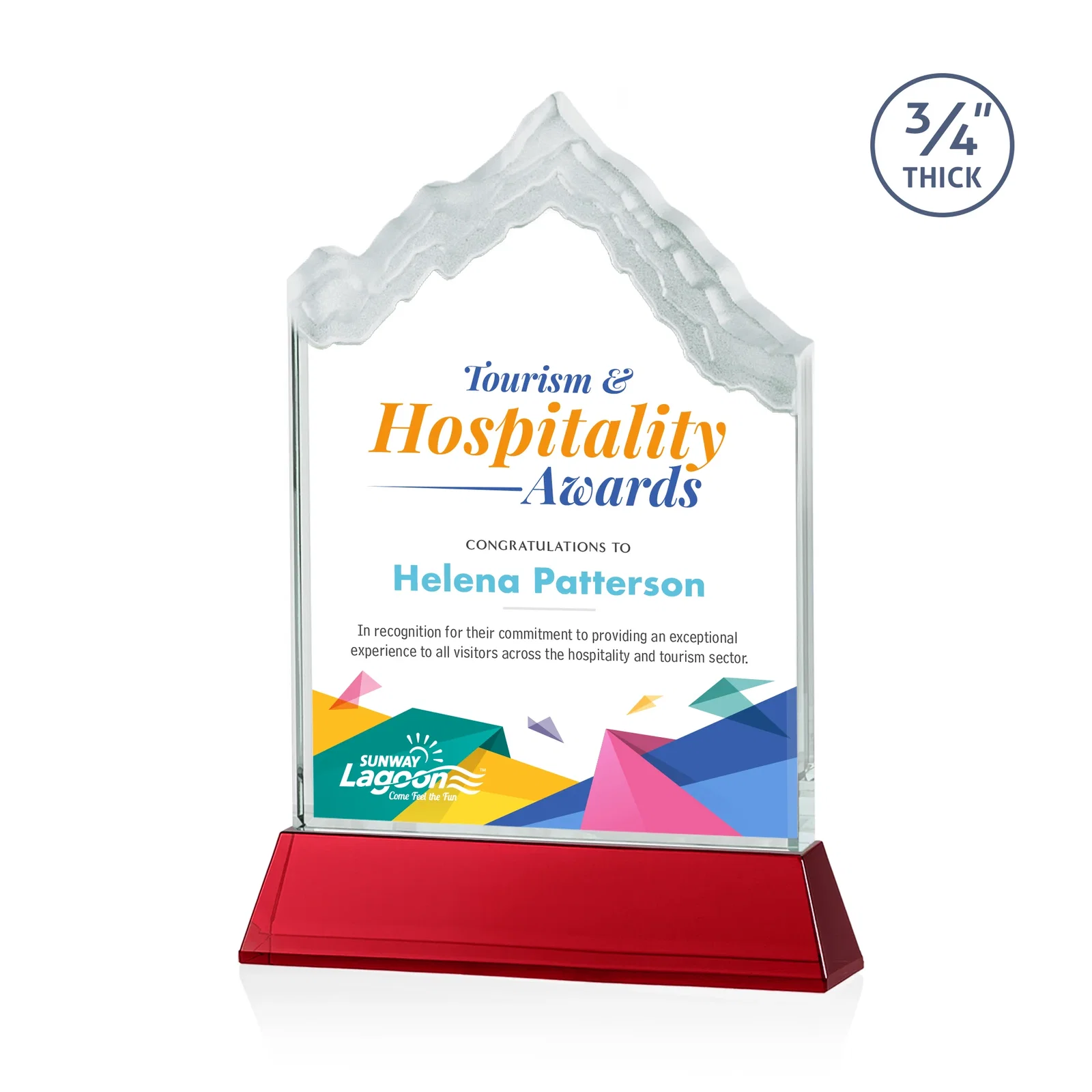 Custom printed Starfire Crystal Mountain Peak Award on an Optical Crystal Base, awards for donor appreciation