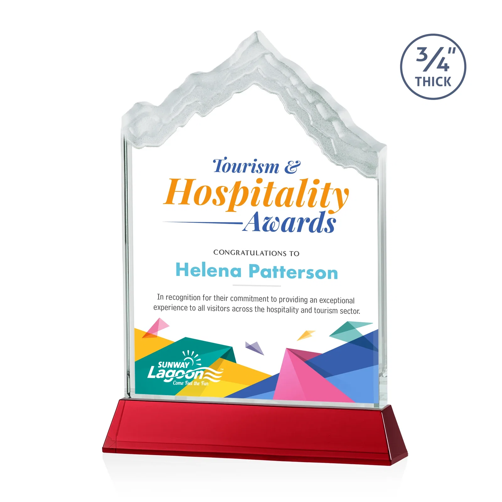 Custom printed Starfire Crystal Mountain Peak Award on an Optical Crystal Base, awards for graduation ceremonies