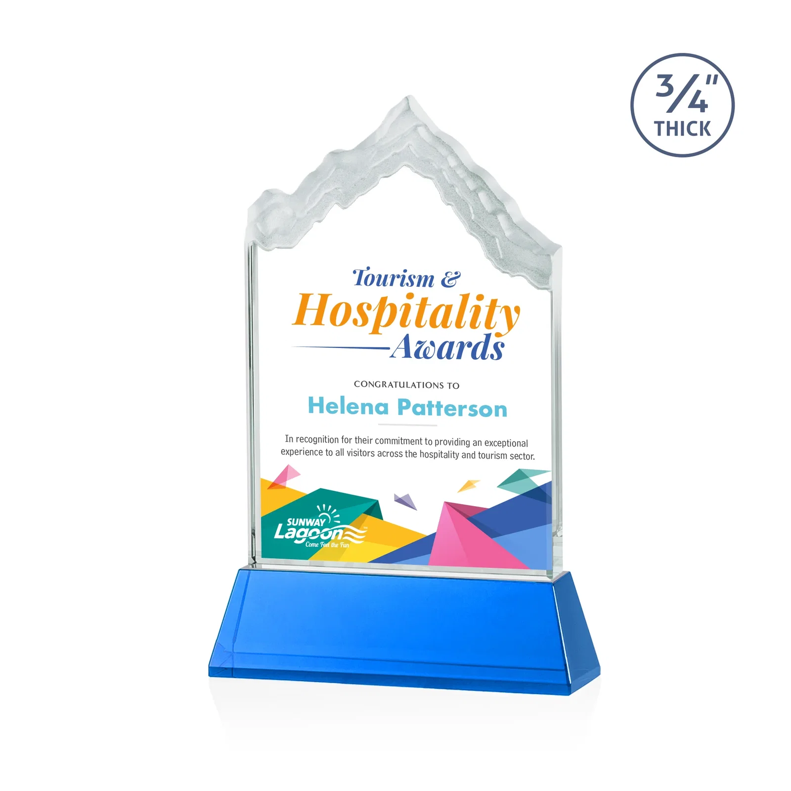 Custom printed Starfire Crystal Mountain Peak Award on an Optical Crystal Base, awards for volunteer appreciation
