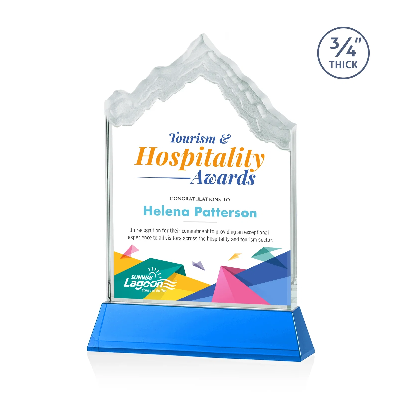 Custom printed Starfire Crystal Mountain Peak Award on an Optical Crystal Base, awards for dealer and partner awards