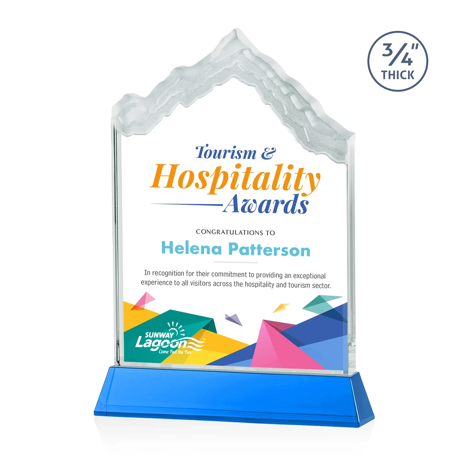Custom printed Starfire Crystal Mountain Peak Award on an Optical Crystal Base, awards for company anniversary events