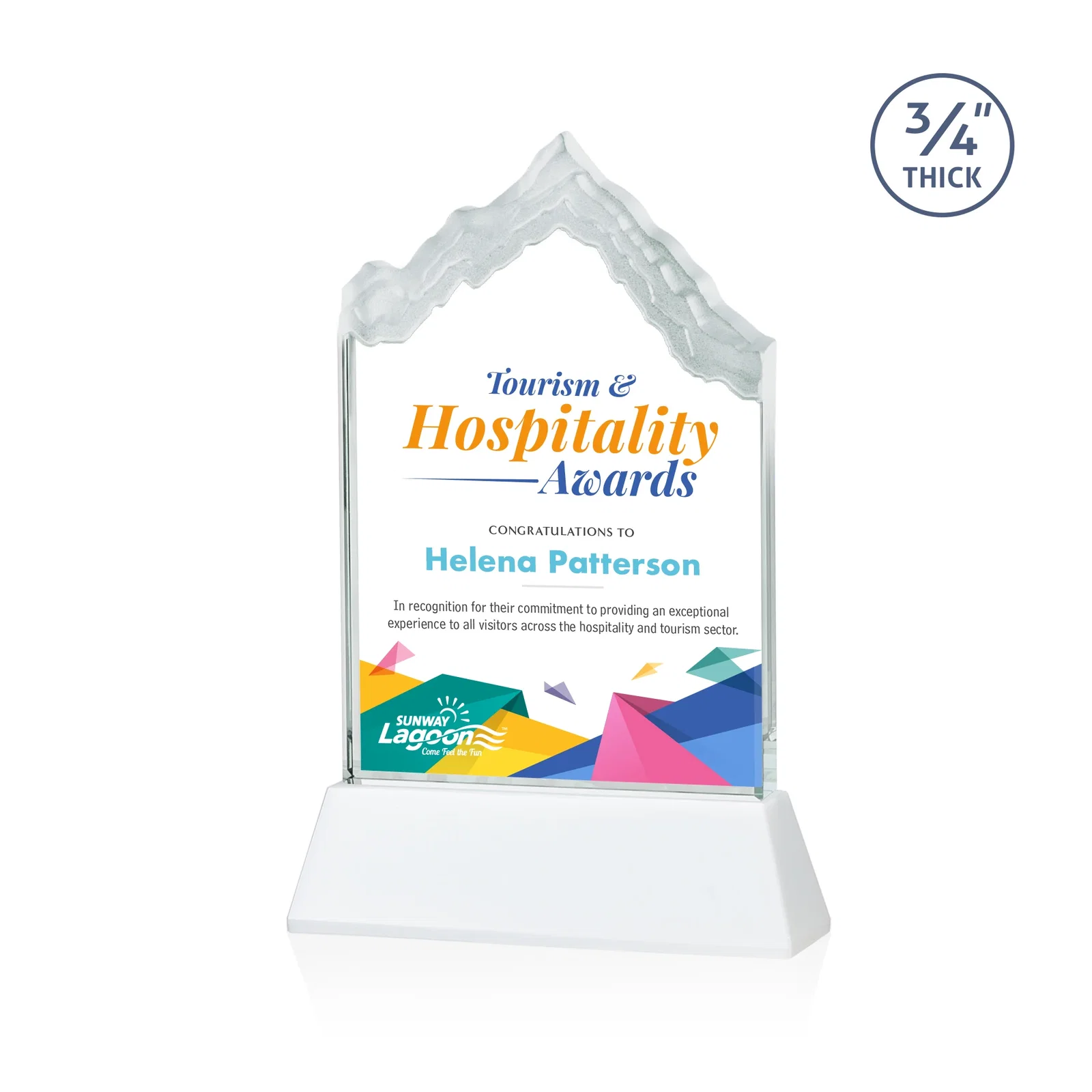 Customized Starfire Crystal Mountain Peak Award on an Optical Crystal Base, awards for corporate award ceremonies