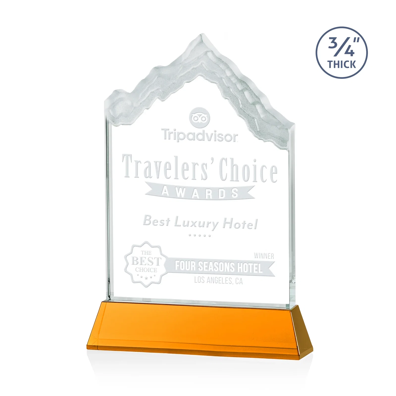 Custom Starfire Crystal Mountain Peak Award on an Optical Crystal Base, awards for donor appreciation
