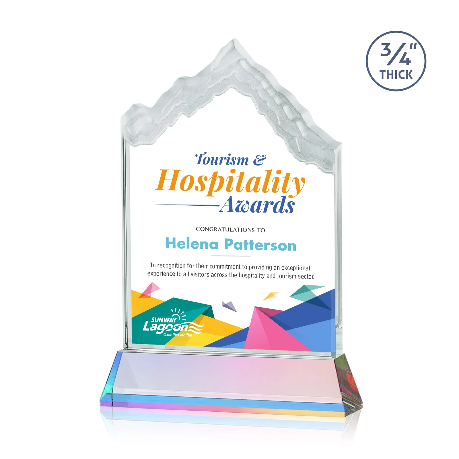 Customized Starfire Crystal Mountain Peak Award on an Optical Crystal Base, awards for dealer and partner awards