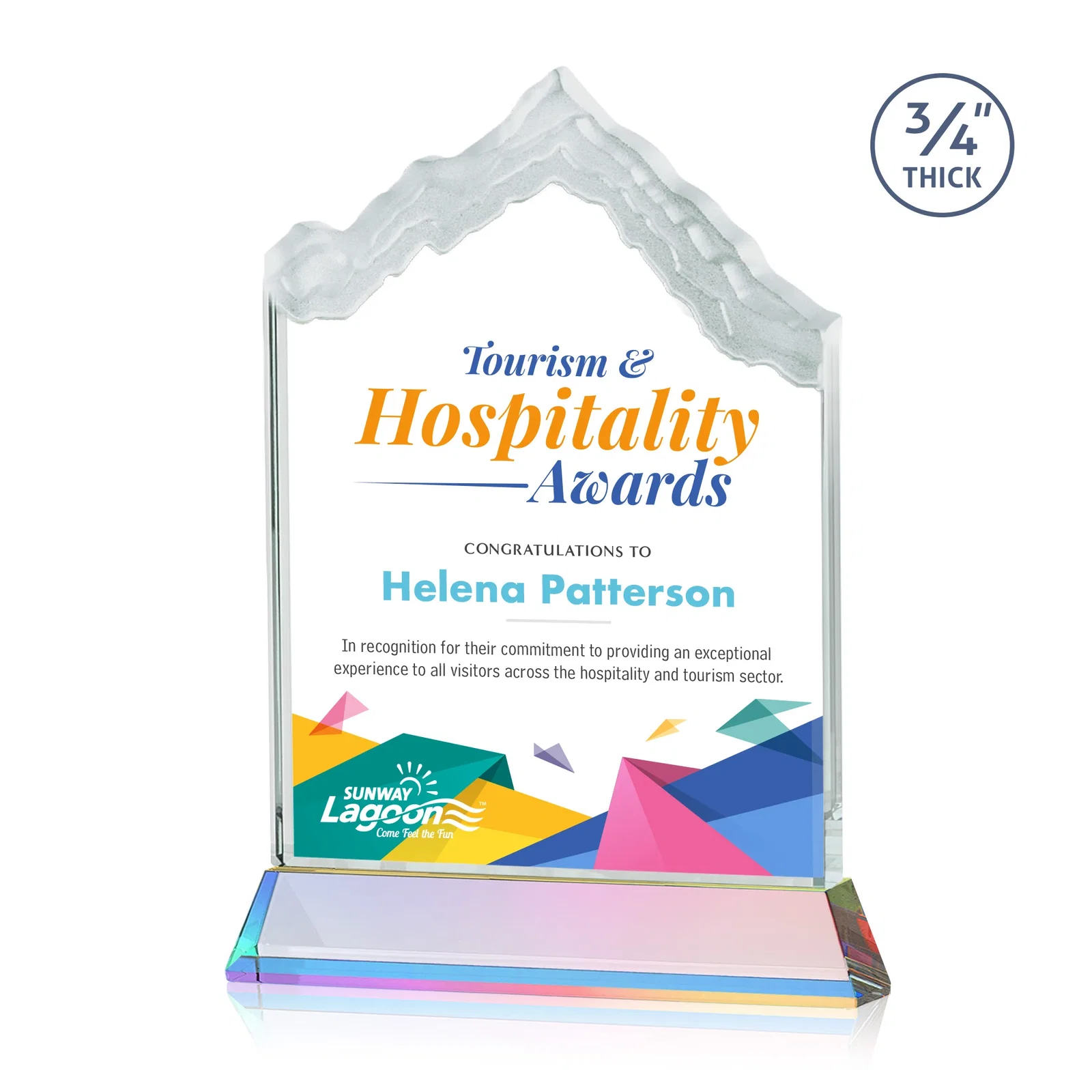 Customized Starfire Crystal Mountain Peak Award on an Optical Crystal Base, awards for company anniversary events