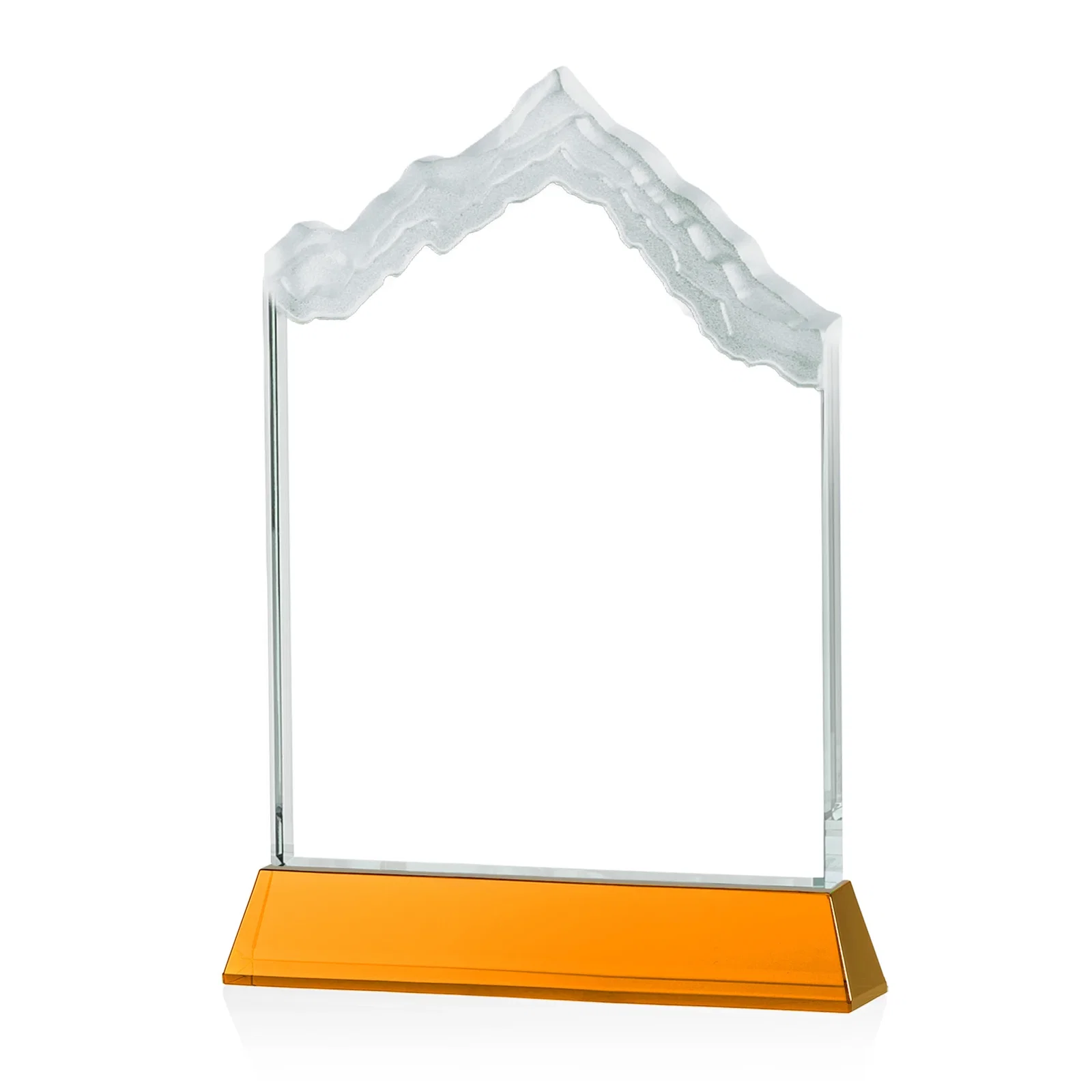 Custom engraved Starfire Crystal Mountain Peak Award on an Optical Crystal Base, awards for team milestone celebrations