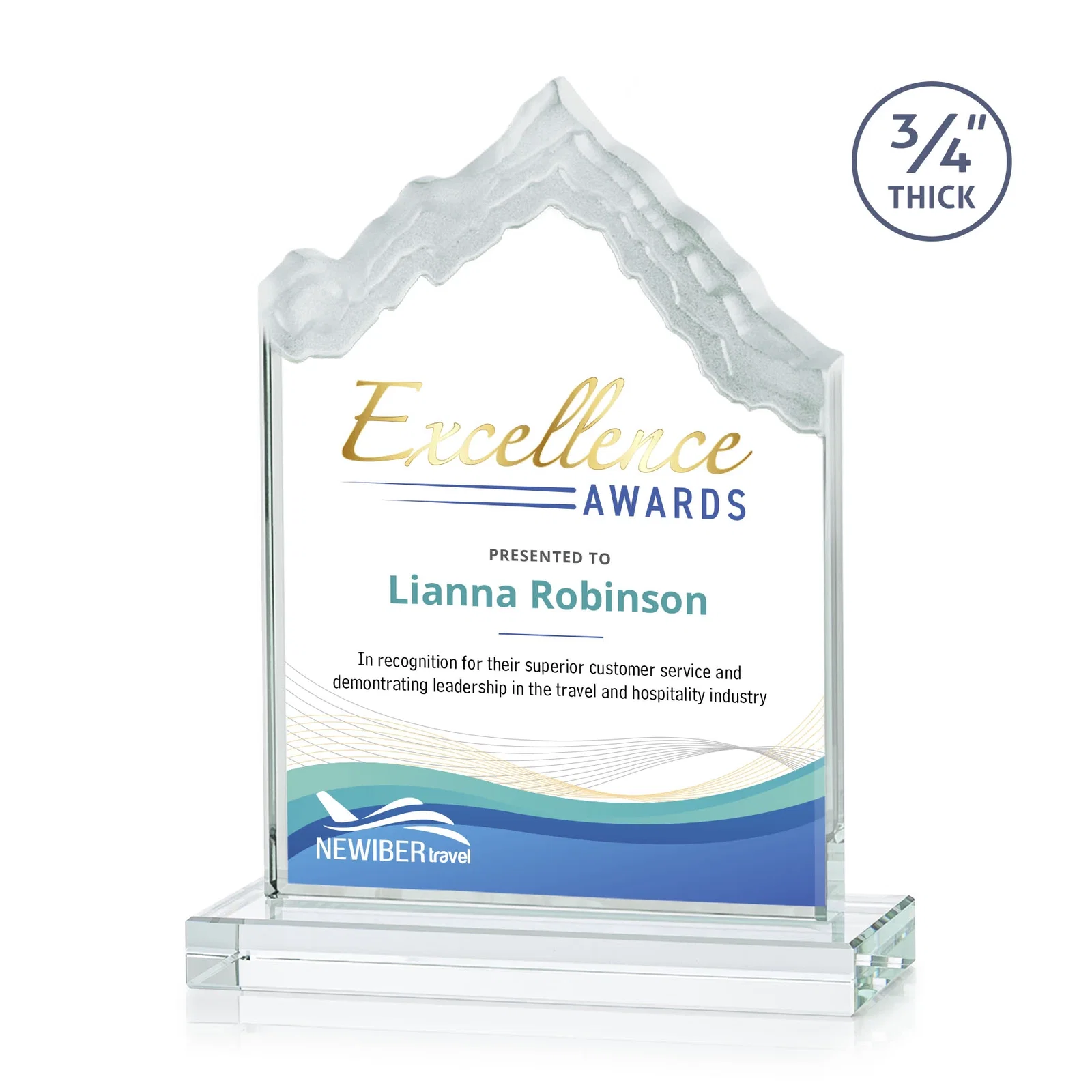Branded Jade Glass Iceberg Award With A Frosted Deep-Etched Peak for corporate award ceremonies