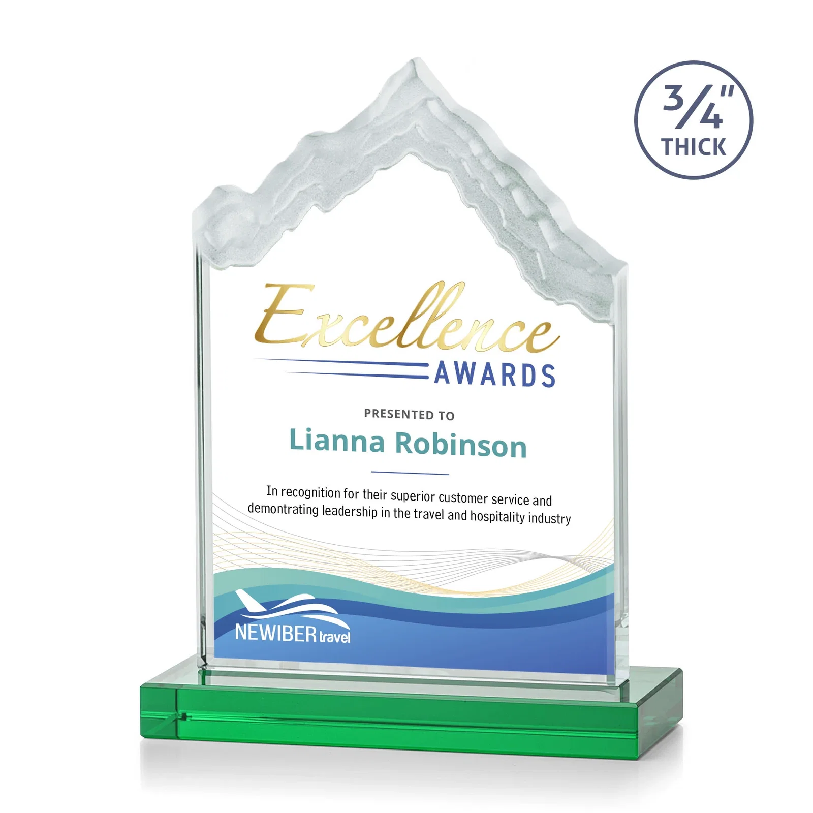 Branded Jade Glass Iceberg Award With A Frosted Deep-Etched Peak for volunteer appreciation