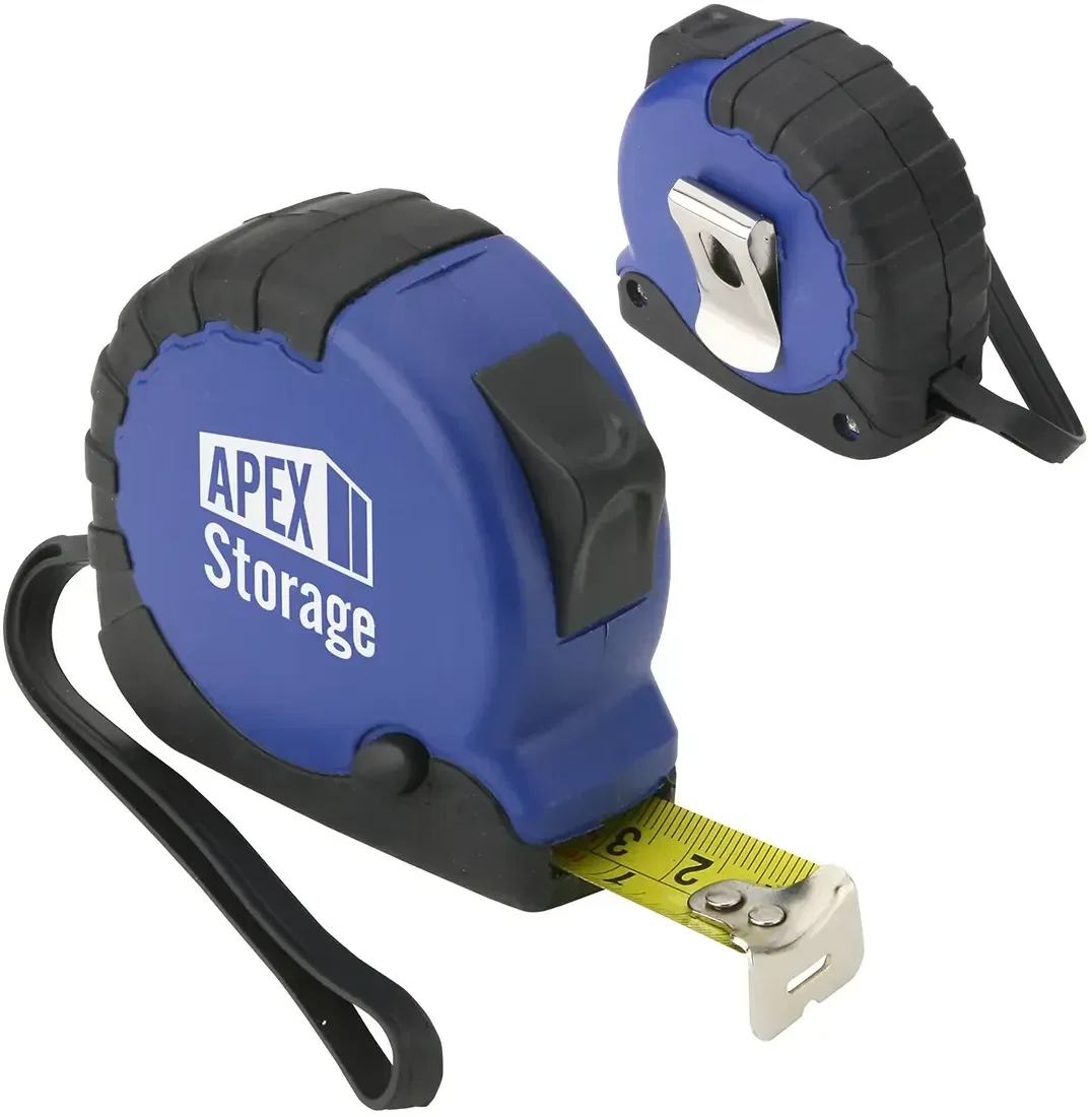 Branded promotional Measure-All tape measure with blade extended, logo detail